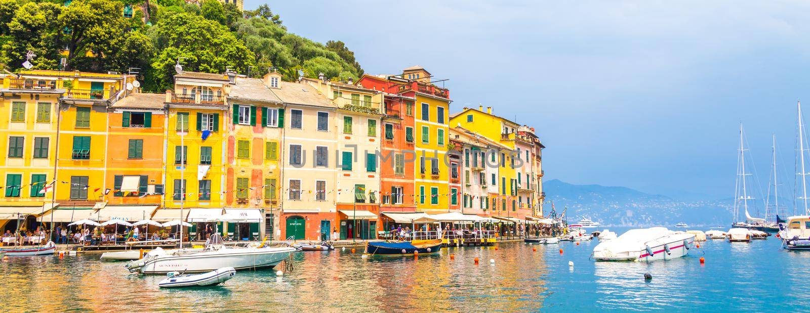 The beautiful Portofino with colorful houses and villas in little bay harbor. Liguria, Italy, Europe