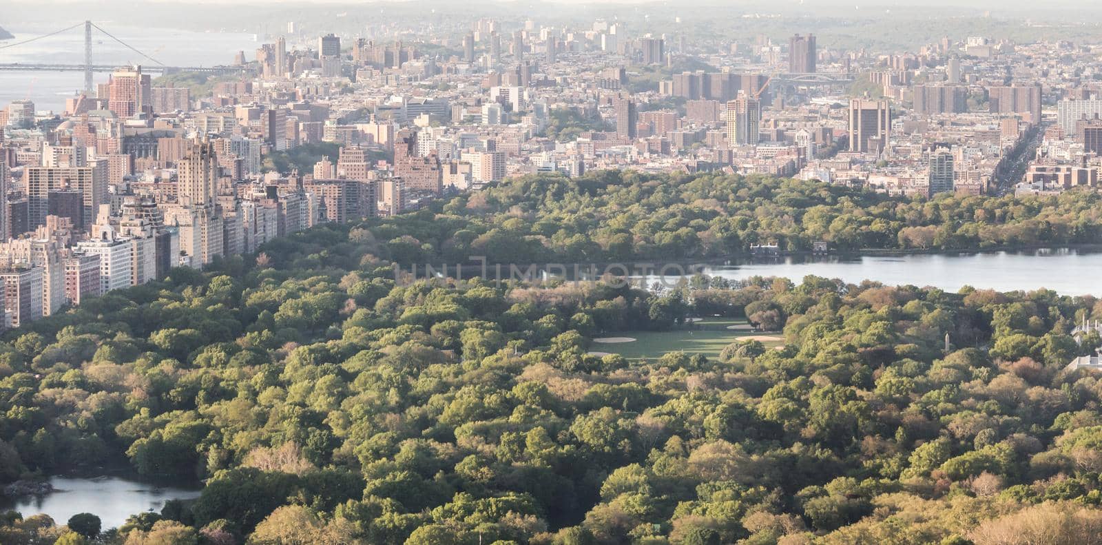 New york, USA - May 17, 2019: Central Park aerial view, Manhattan, New York. Park is surrounded by tall skyscrapers