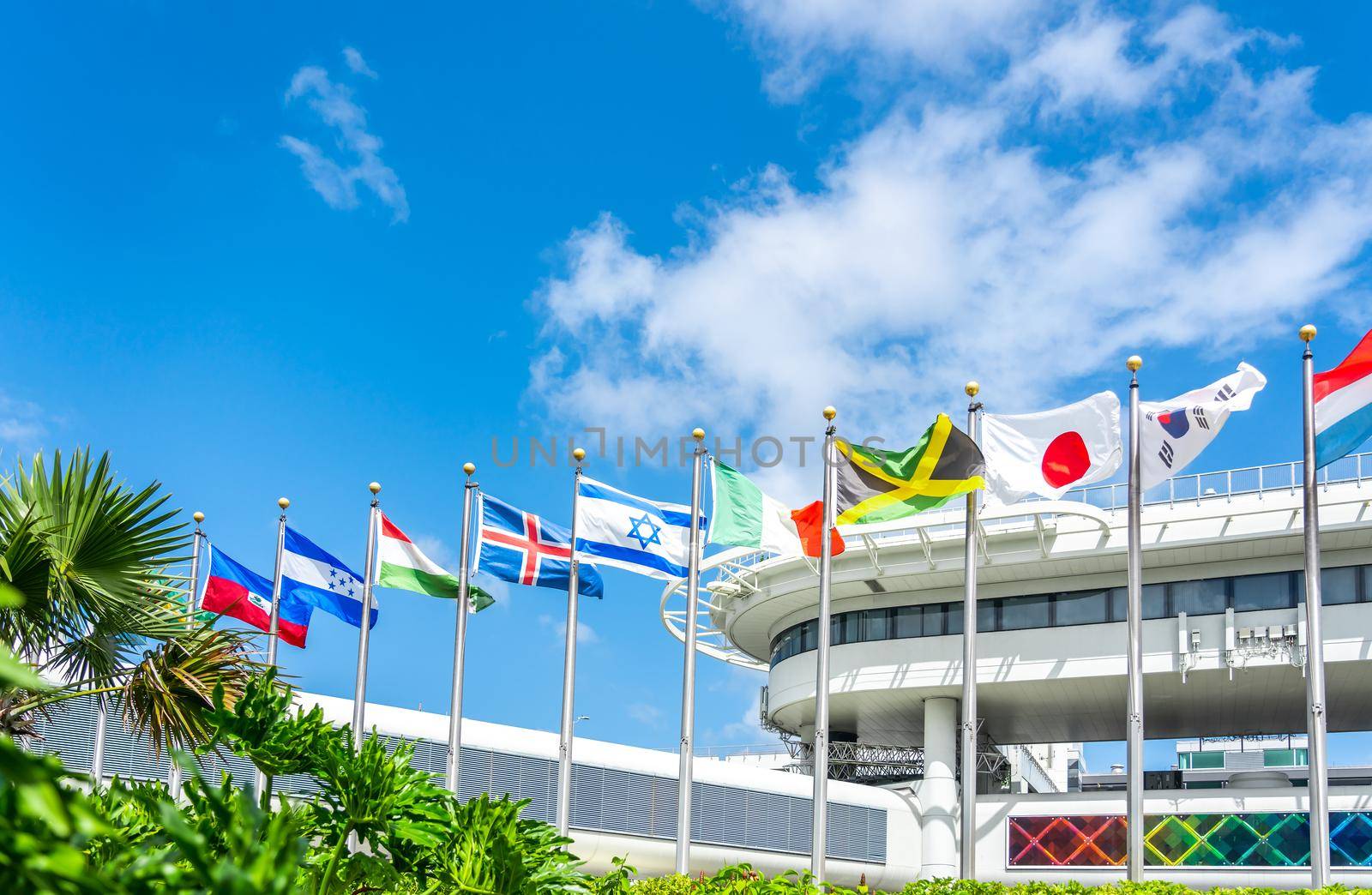Miami international airport with flags of many different countries