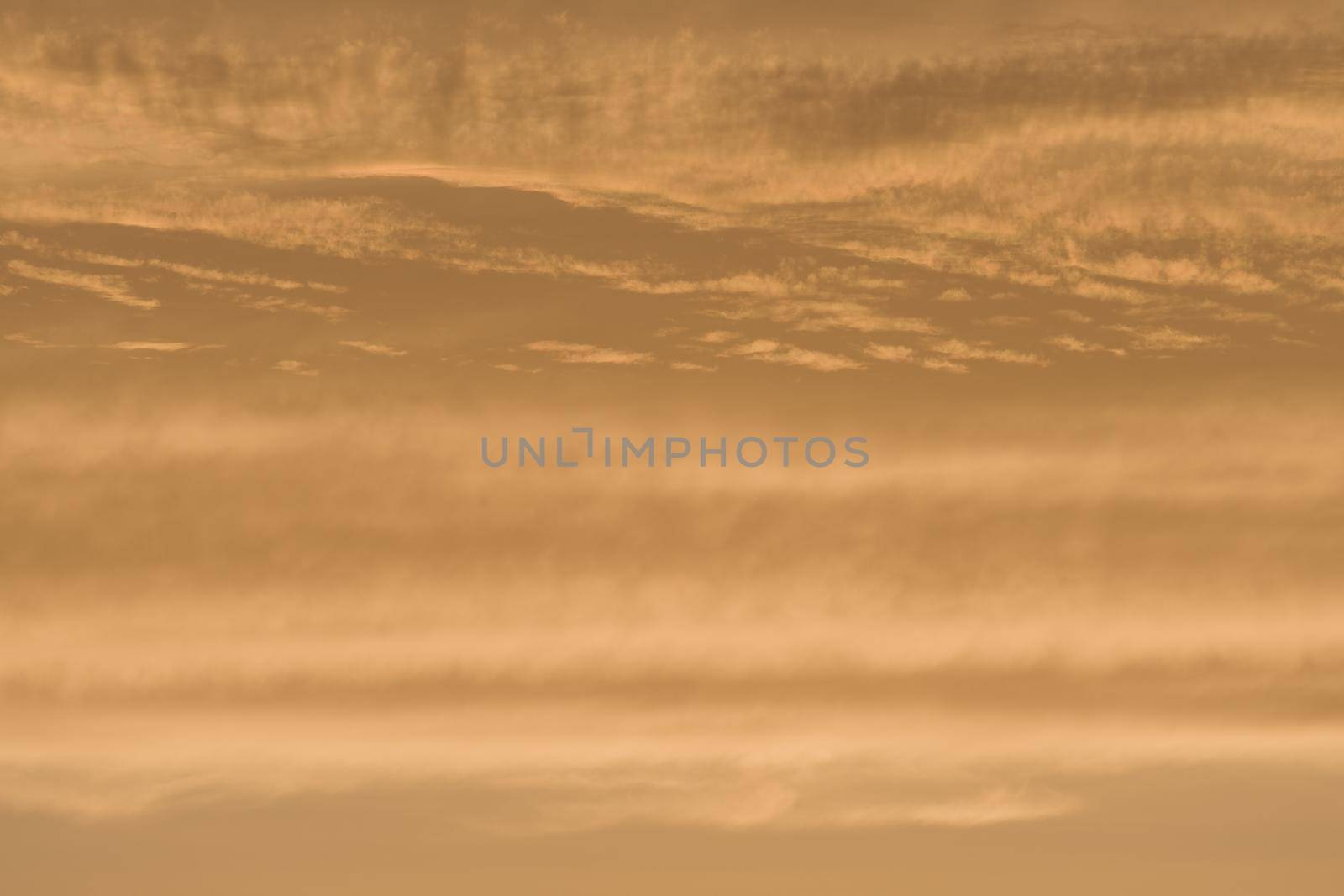 Abstract sky background of deep golden sunset clouds. Full frame color and texture, copy space possible throughout. Rich tones and varied clouds.