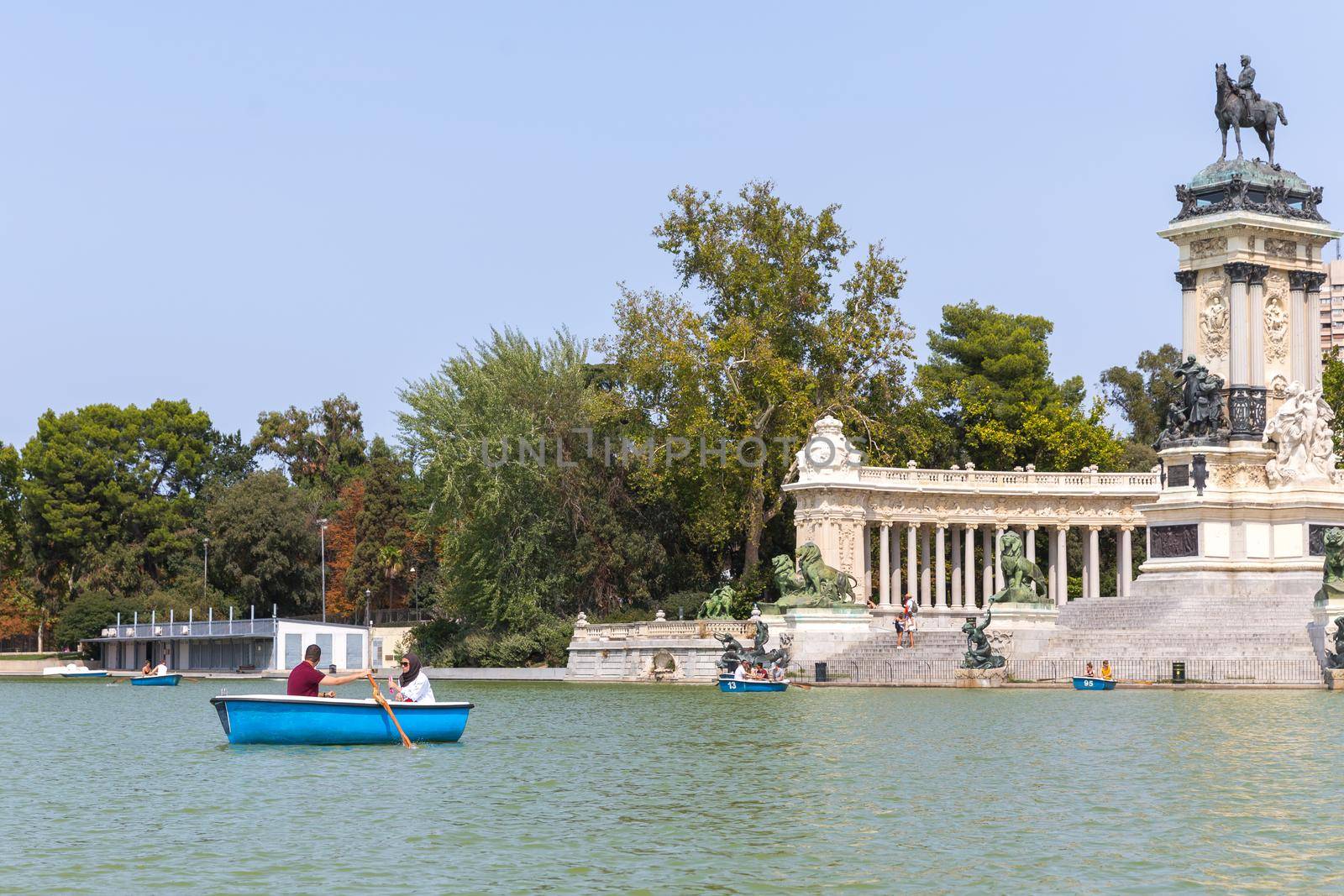 Madrid, Spain. September 7, 2017: View of Buen Retiro park, lake and boats Madrid Spain