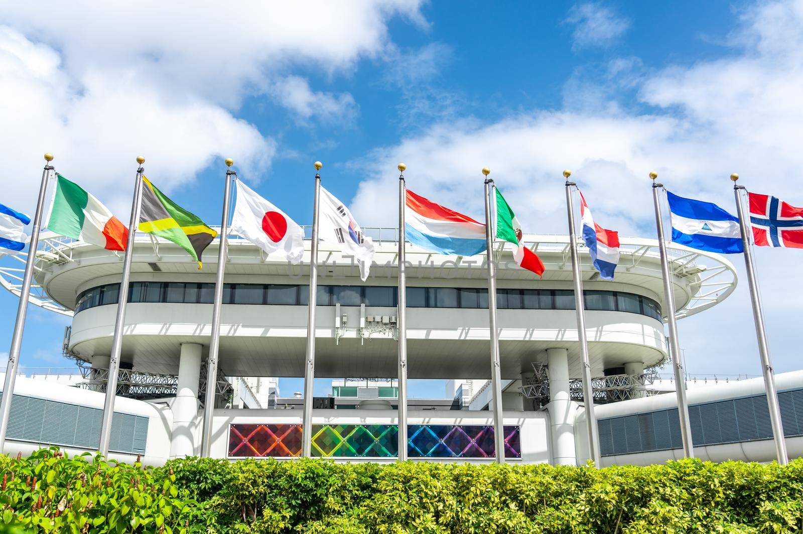 Miami, USA - September 21, 2019 - Miami international airport with flags of many different countries