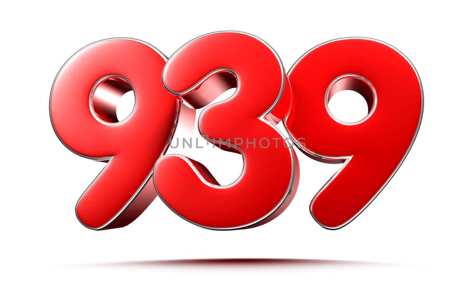 Rounded red numbers 939 on white background 3D illustration with clipping path