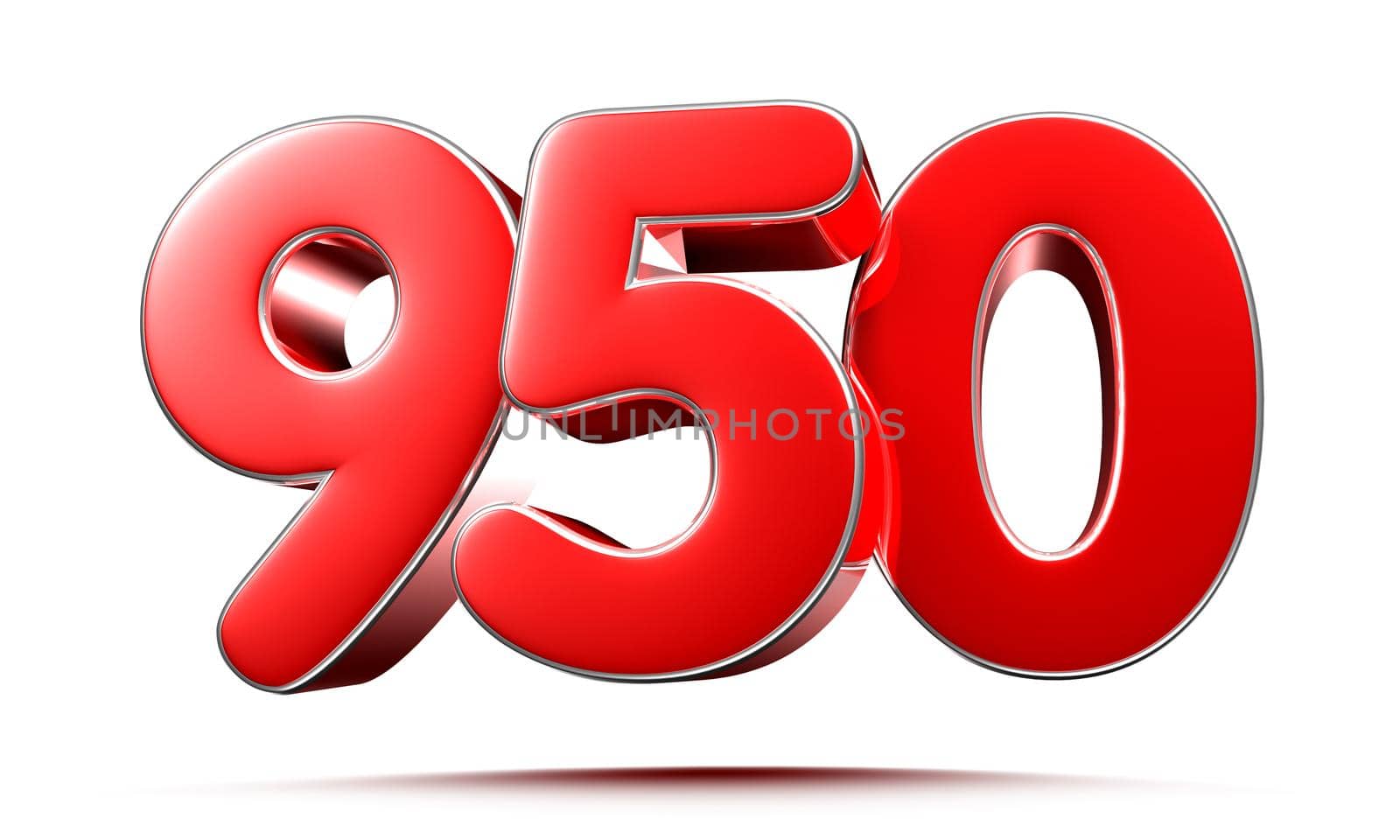 Rounded red numbers 950 on white background 3D illustration with clipping path