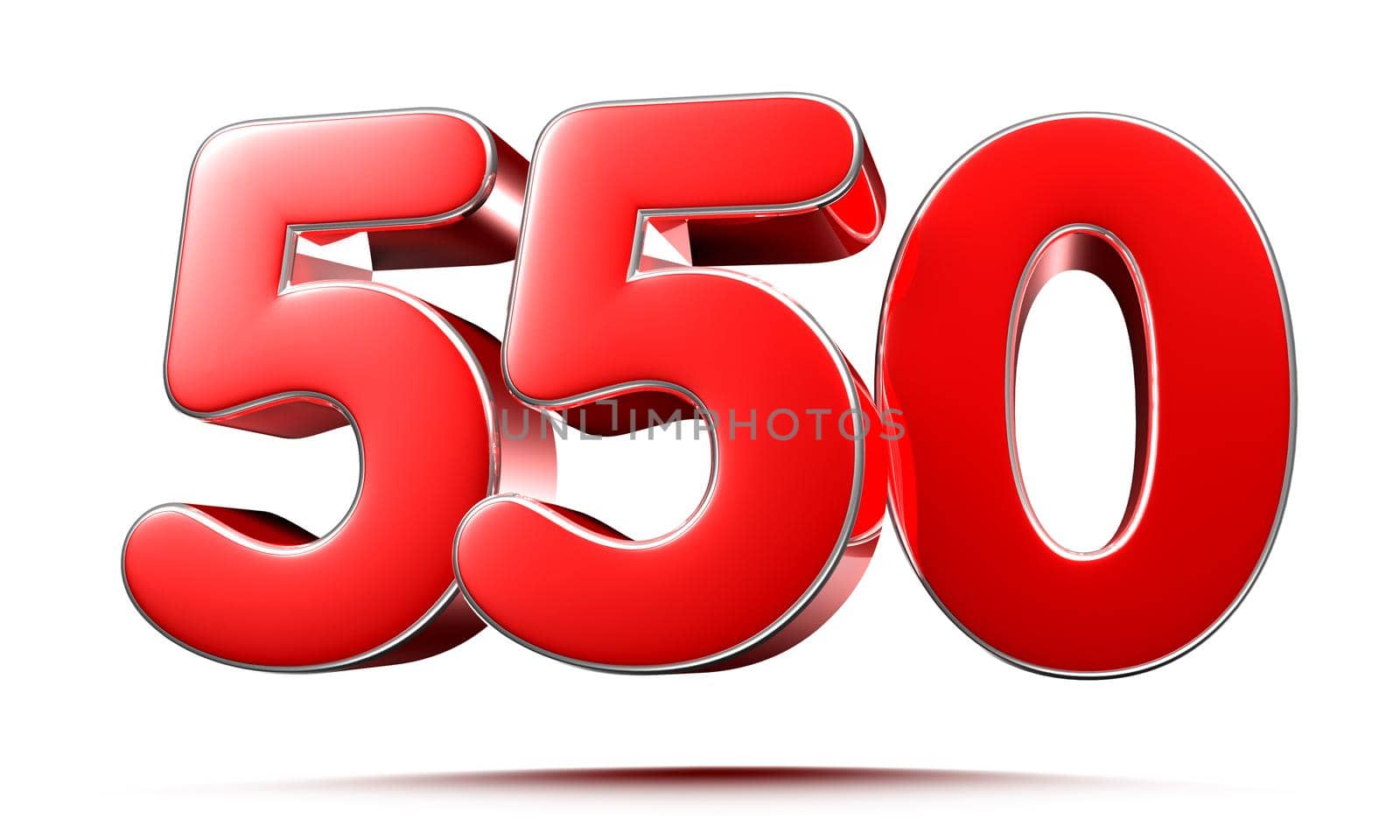 Rounded red numbers 550 on white background 3D illustration with clipping path