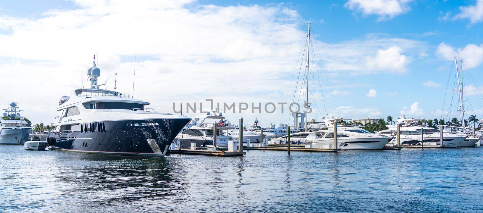 Fort Lauderdale, Florida, USA - September 20, 2019: Luxury yachts docked in marina in Fort Lauderdale