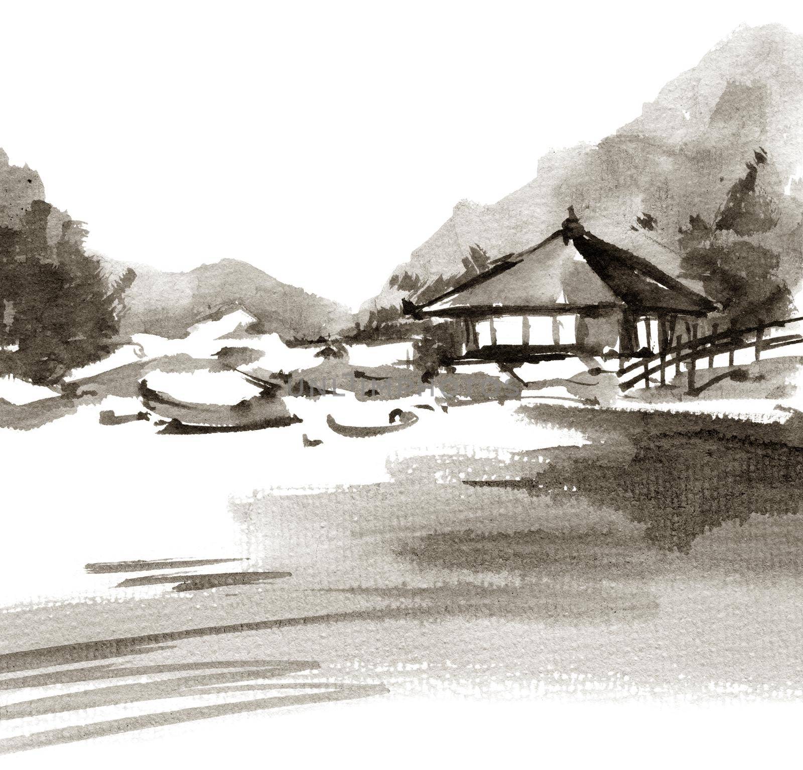Landscape with building and stones - grayscale ink painting on white background. Oriental traditional ink painting in sumi-e style.