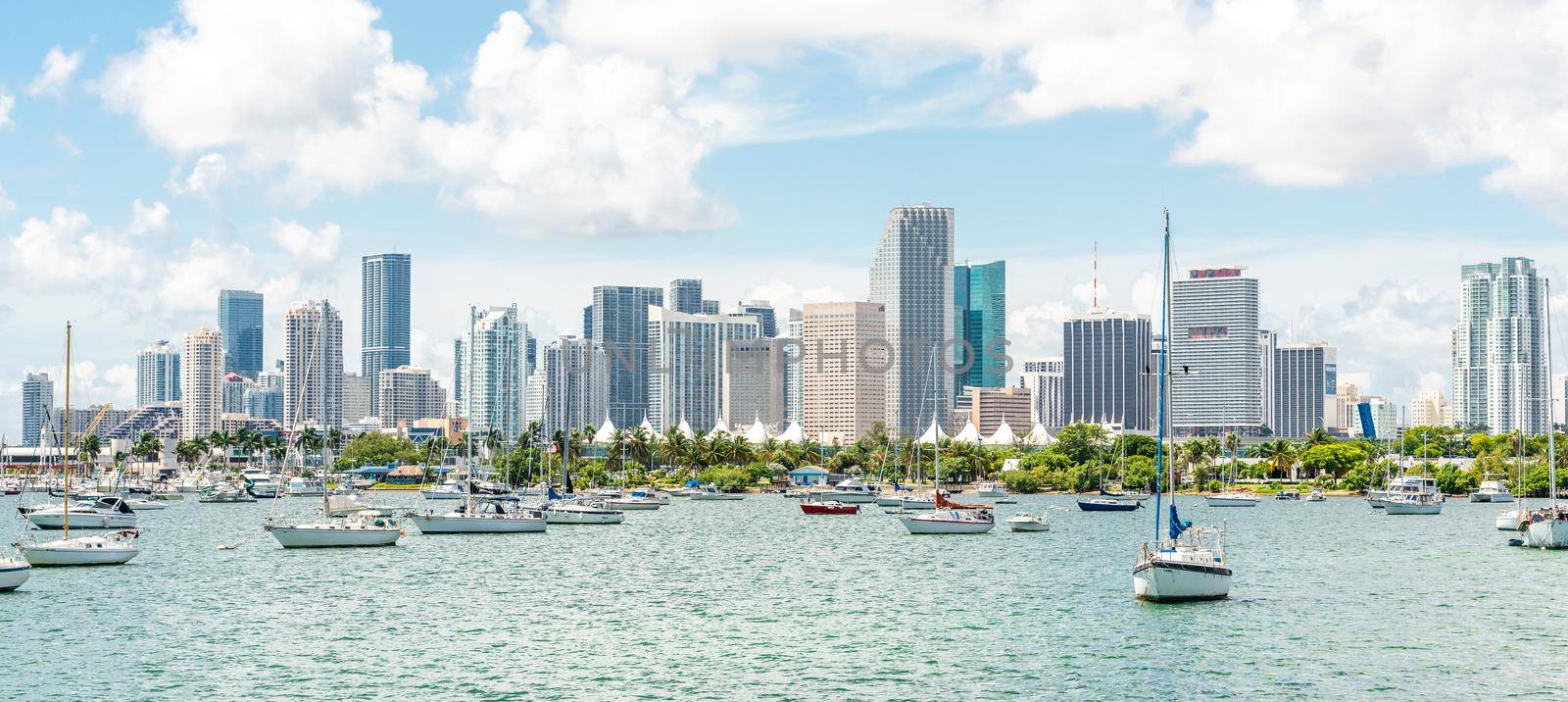 Miami, USA - September 11, 2019: Miami skyline with many yachts and boats