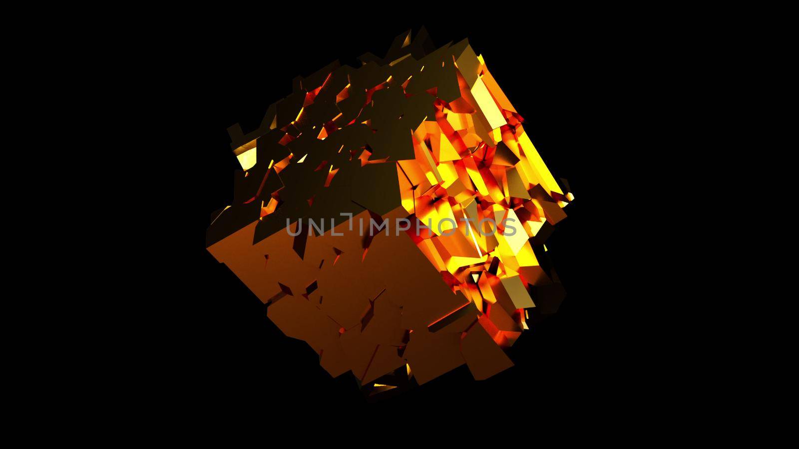 Futuristic breaking 3d render square into small geometric fragments. Changing cybercrystal with decaying textures. Cubic plasmoid cracked from gravity with creative decoration pieces.