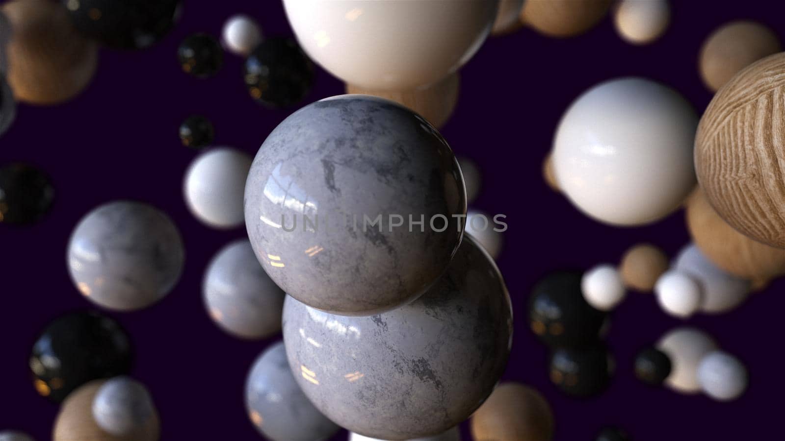 Marble stone 3d render balls falling into void. Wooden embossed bubbles in realistic slow motion. Abstract molecules in chaotic flight with futuristic decorative graphics.