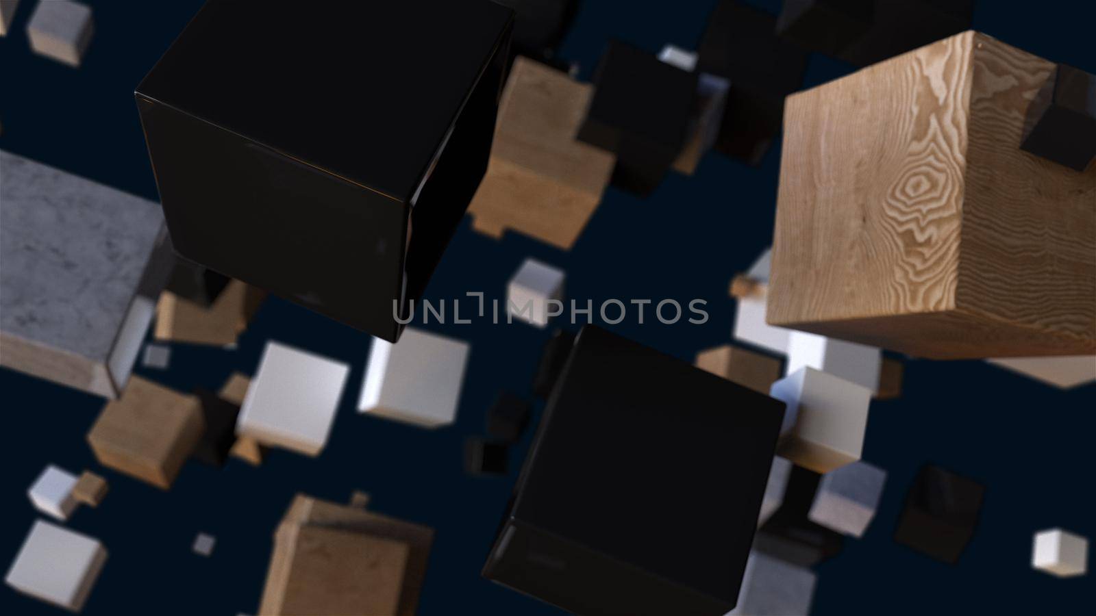 Square wooden 3d render boxes in digital space. Geometric solid plastic shapes in free realistic decoration fall. Graphic background presentation with simple moving objects.