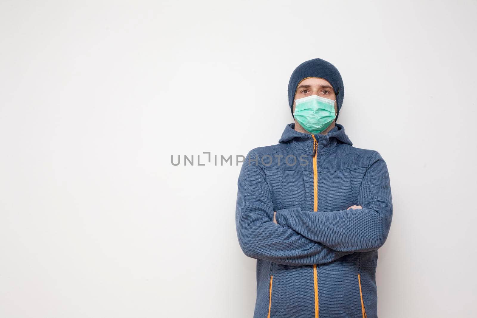 Man with protective mask on white background by zebra