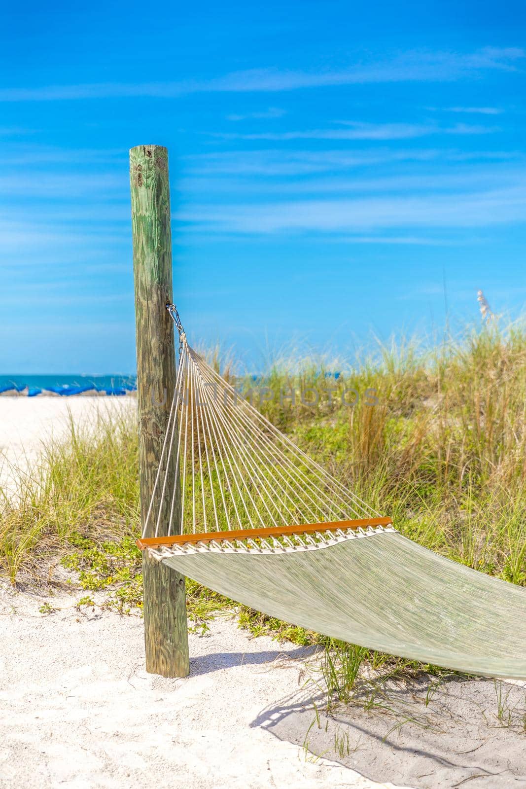 Summer beach relax with empty hammock and ocean background on sunny tropical beach, vacation concept