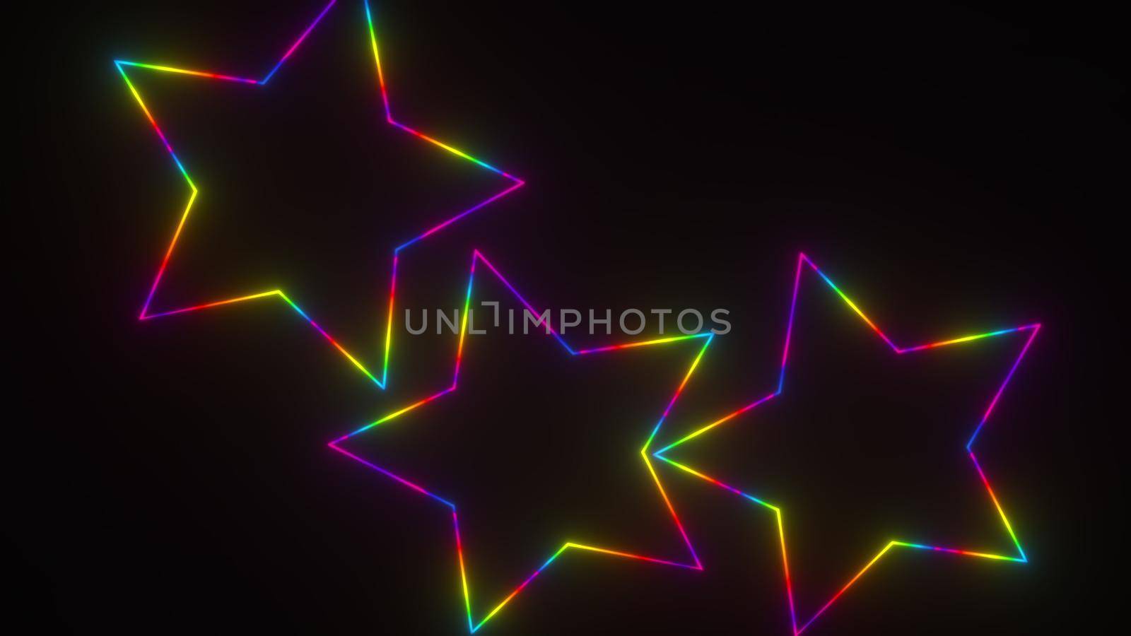 Vivid falling 3d render spiky shapes. Five star symbols for fun night out and festive atmosphere. Round dance of glowing geometric elements of successful rating.