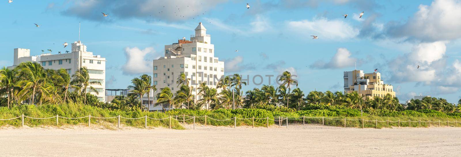 Panorama of Art deco district of South Beach Miami. The buildings are surrounded by tropical palm trees. by Mariakray
