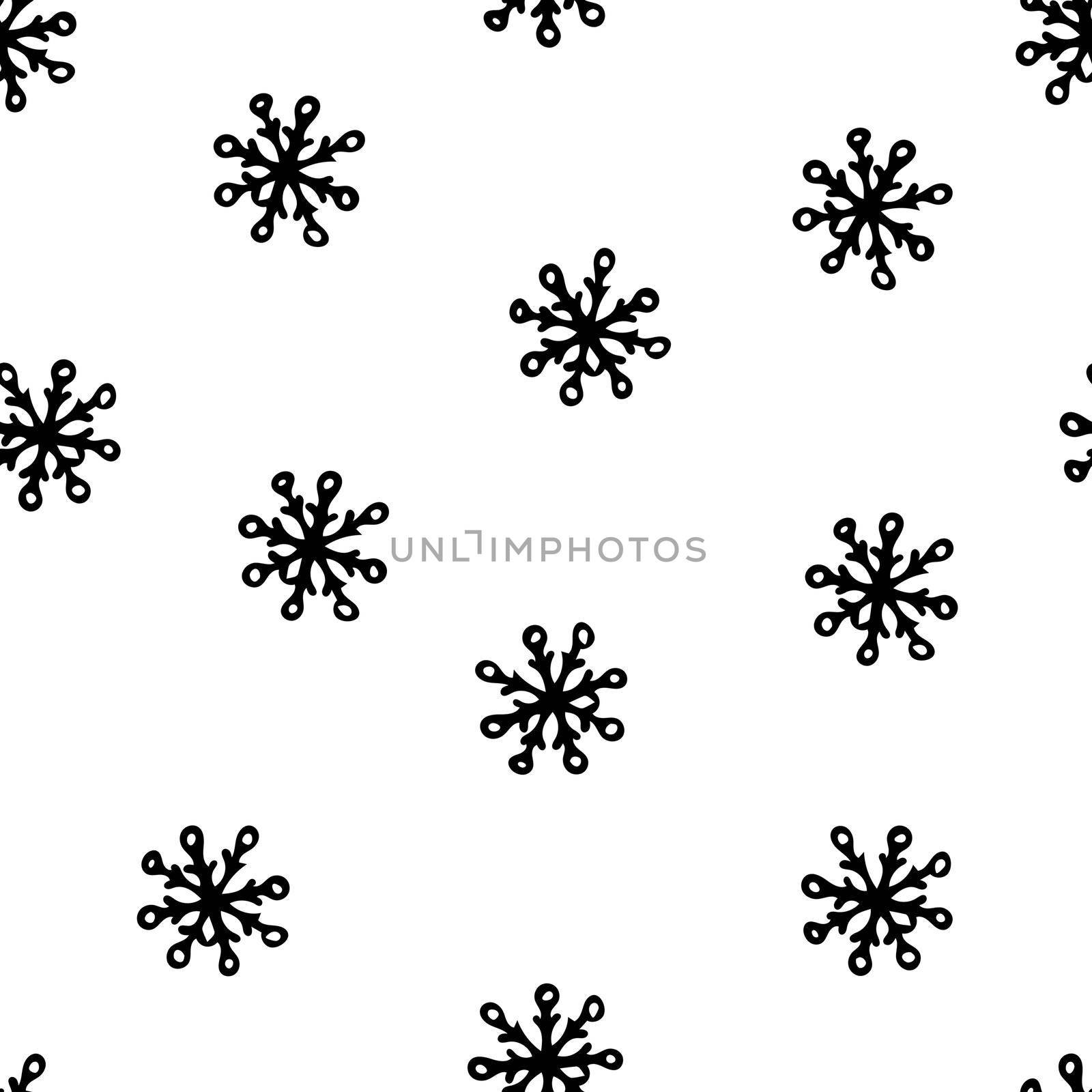 Seamless Pattern with Black Snowflakes on White Background. Abstract Hand-Drawn Doodle Snowflakes.