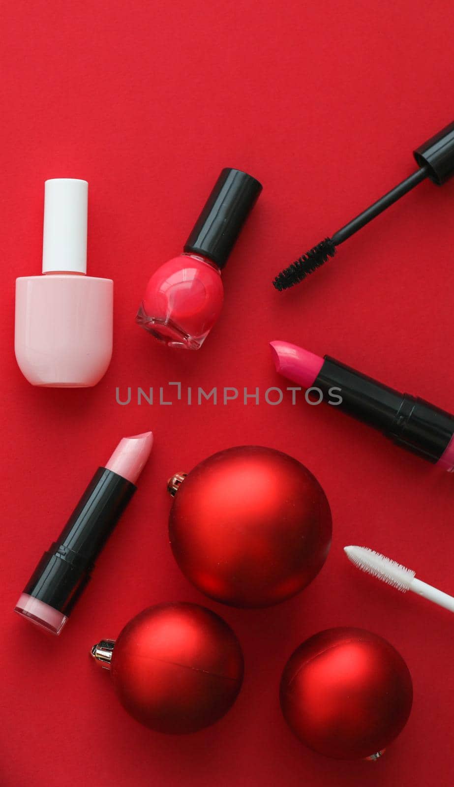 Make-up and cosmetics product set for beauty brand Christmas sale promotion, luxury red flatlay background as holiday design by Anneleven