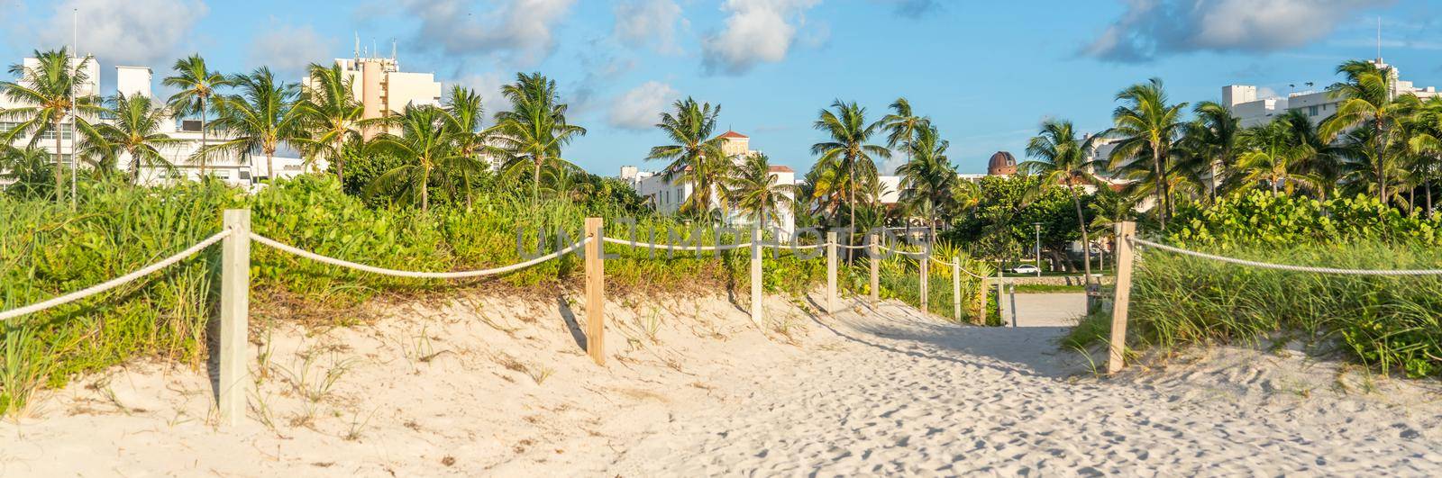 Panorama of Pathway to the beach in Miami Florida with ocean background by Mariakray