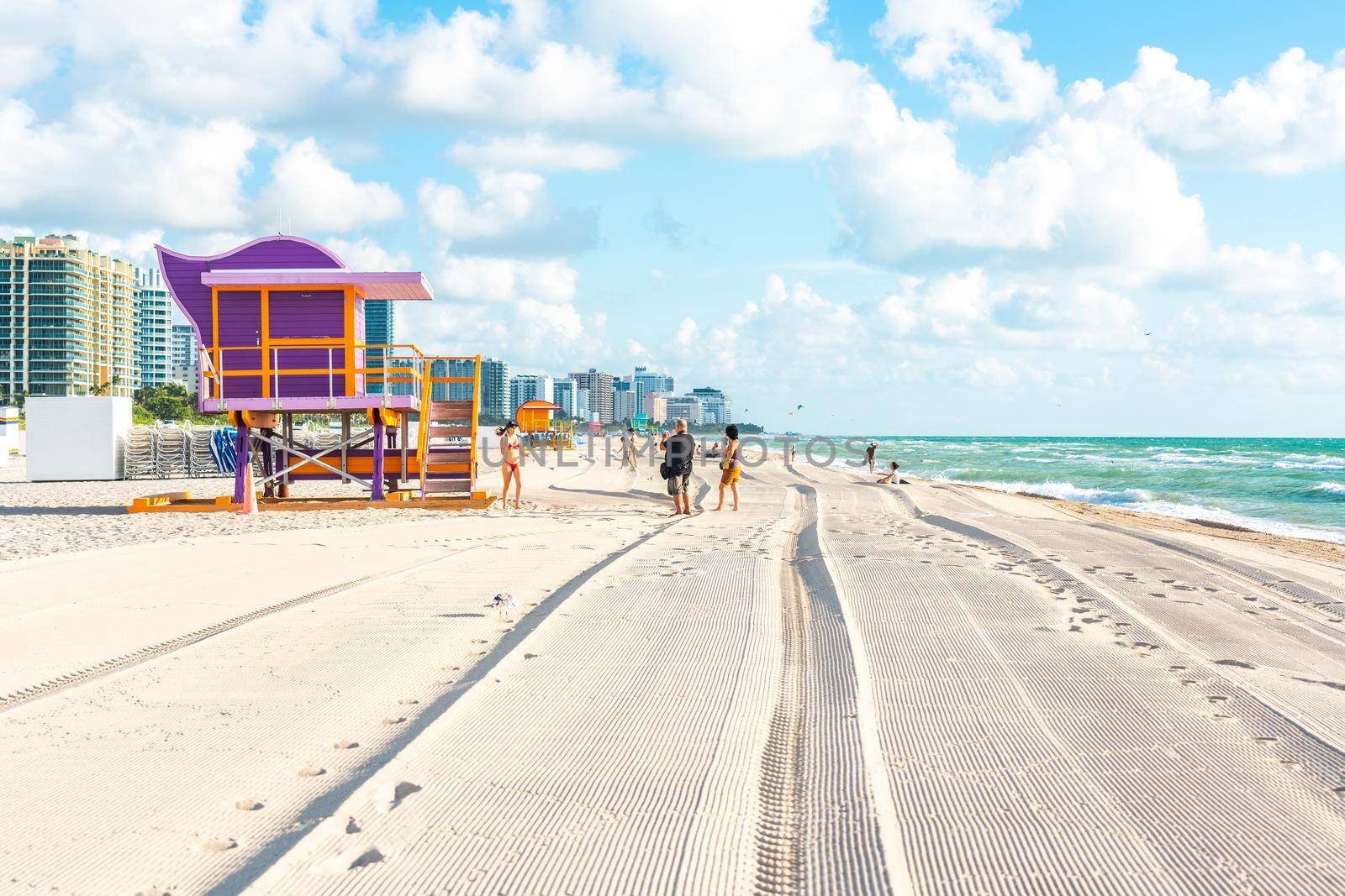Miami - September 11, 2019: South beach in Miami with lifeguard pink hut in Art deco style