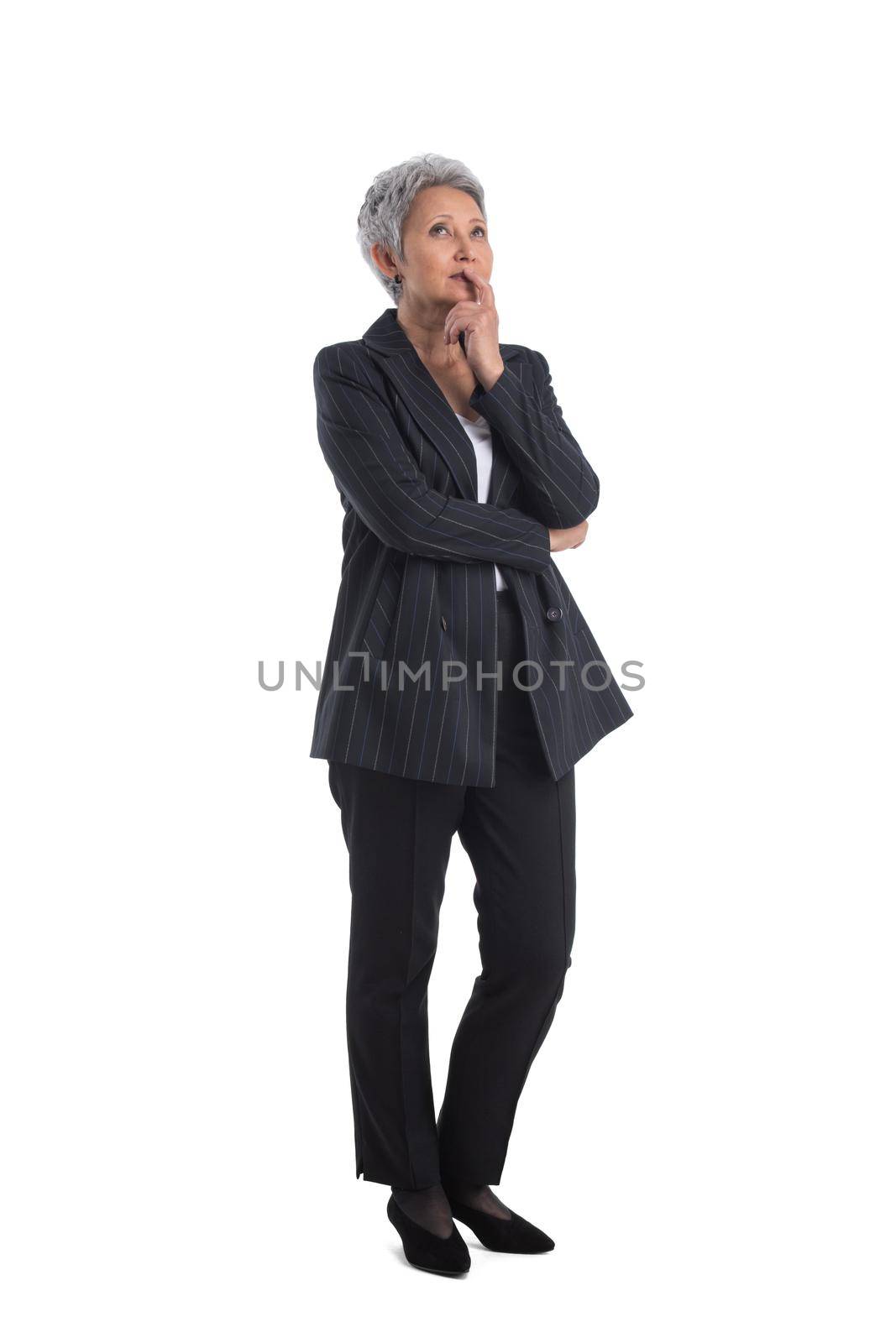 Full length of mature asian business woman thinking looking upwards, isolated on white background
