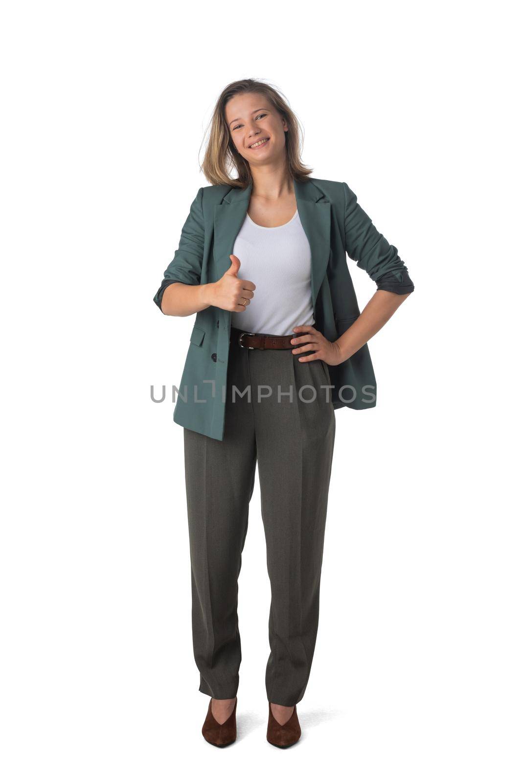 Successful business woman give you an excellent sign thumb up, full length portrait isolated on white background.