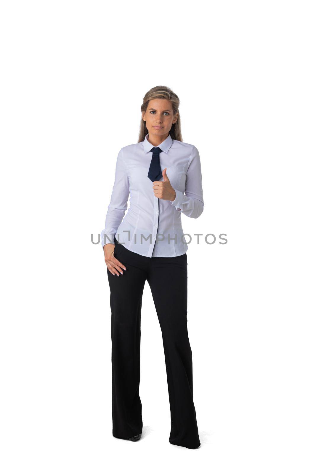 Successful business woman give you an excellent sign thumb up, full length portrait isolated on white background.