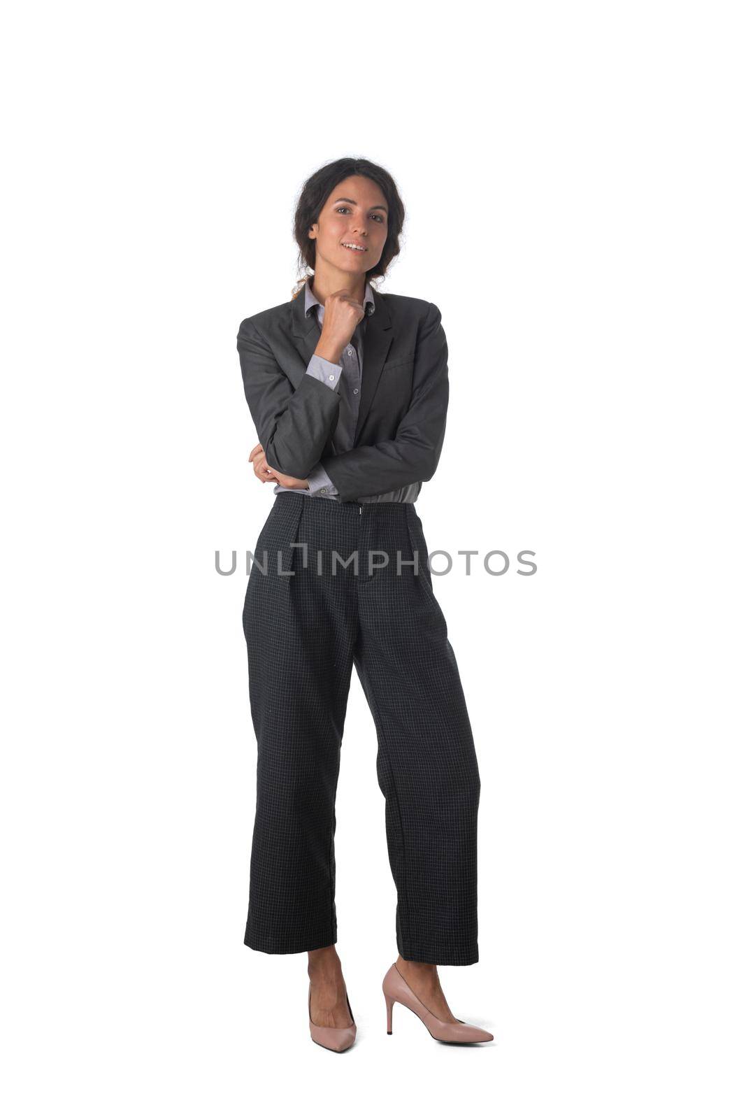 Full length portrait of smiling business woman isolated on a white background