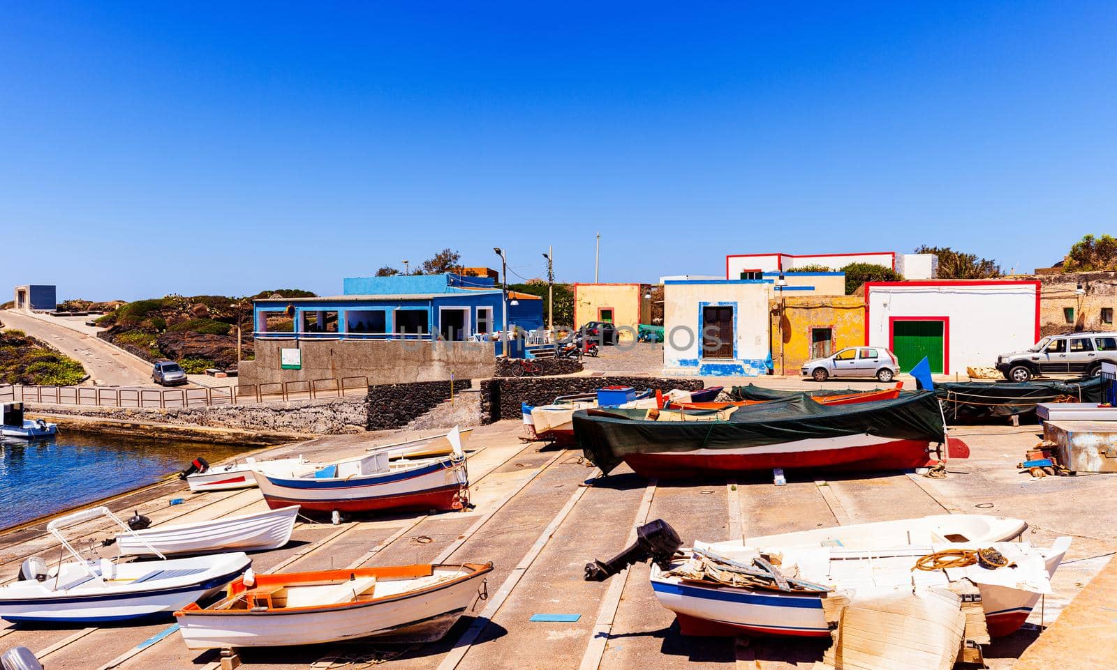 Boats docked in tyhe marina of Linosa. It is one of the Pelagie Islands in the Sicily Channel of the Mediterranean Sea