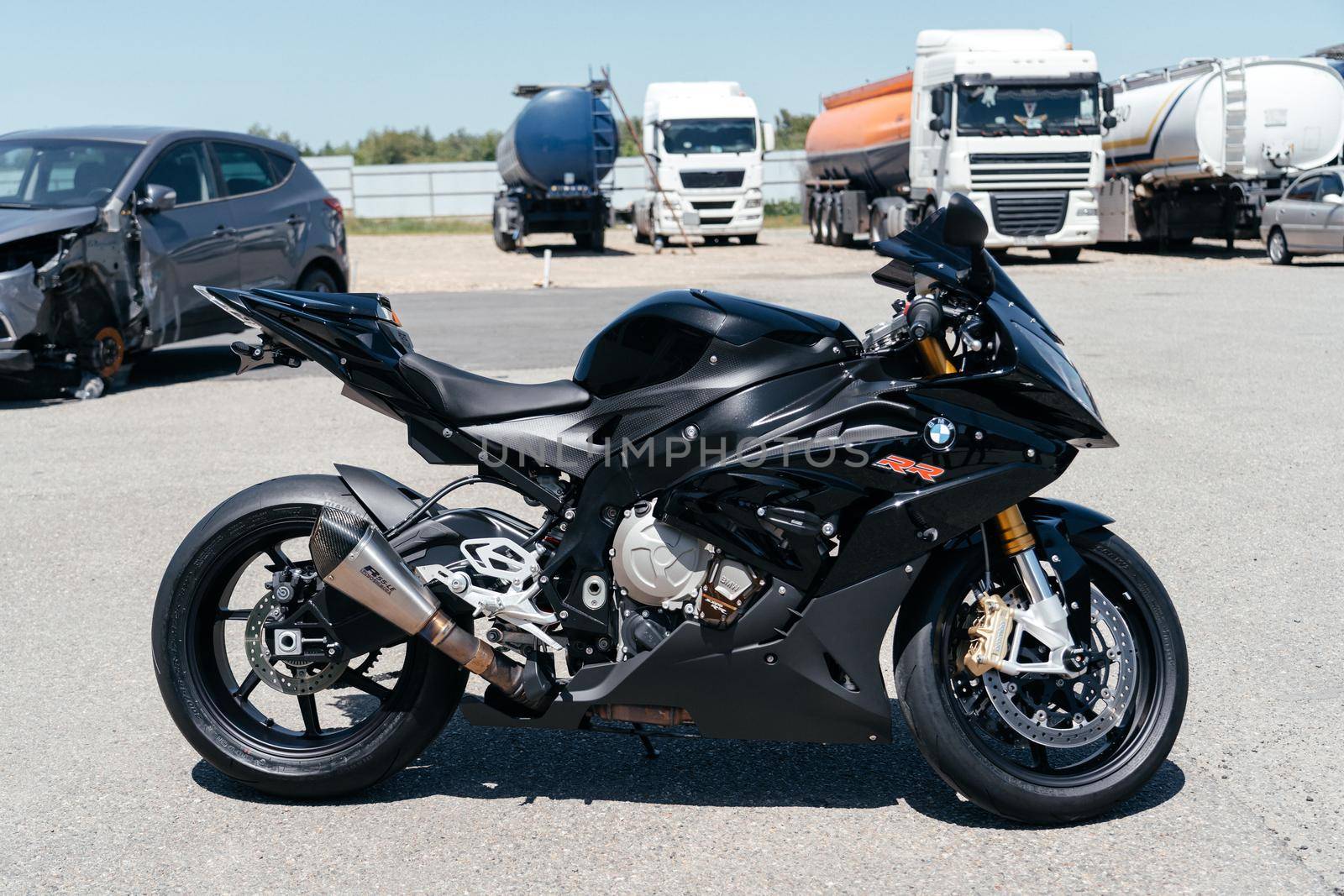 STAVROPOL, RUSSIA - MAY 28, 2020: BMW black sportbike. Modern powerful motorcycle in Stavropol, Russia