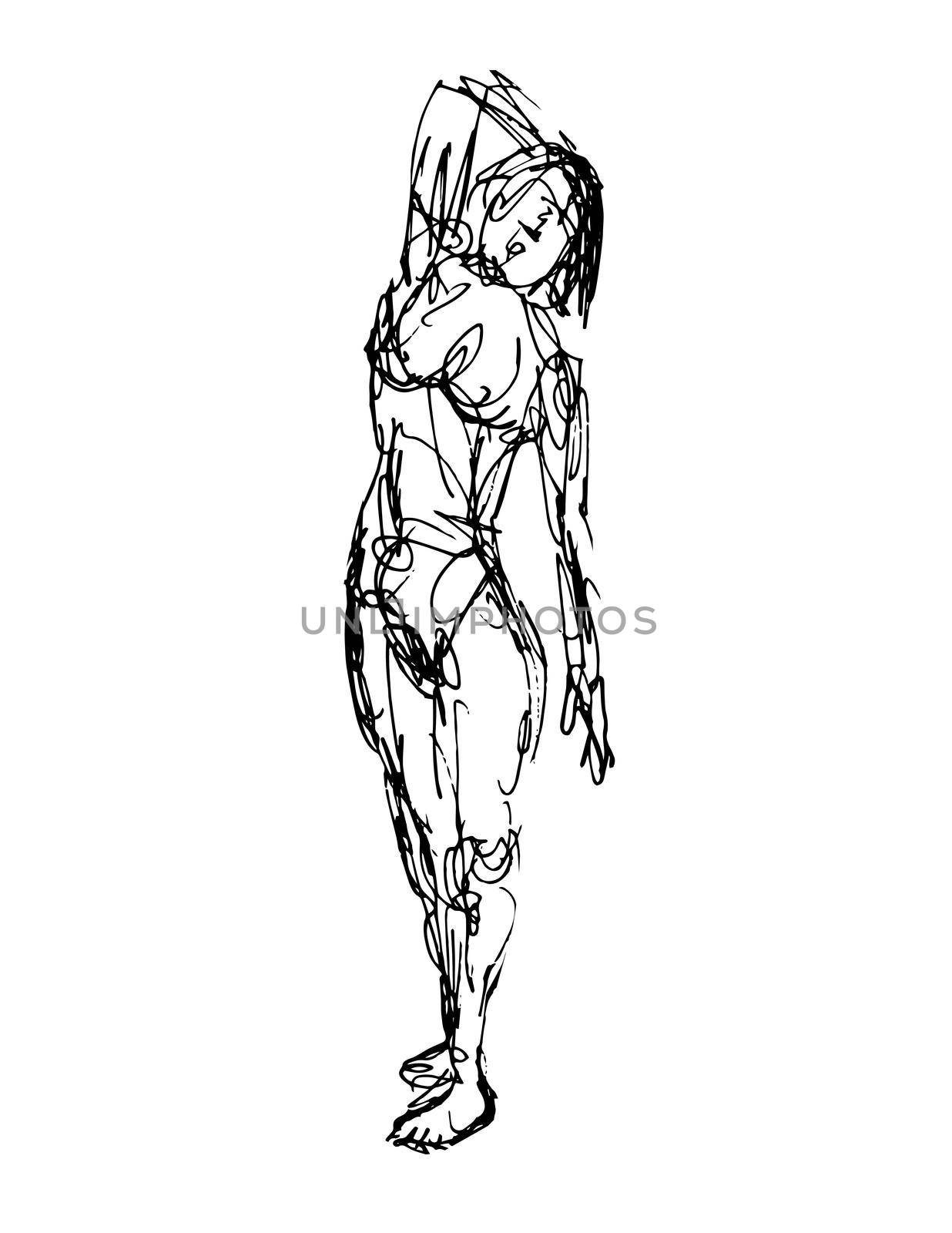 Doodle art illustration of a nude female human figure posing standing done in continuous line drawing style in black and white on isolated background.