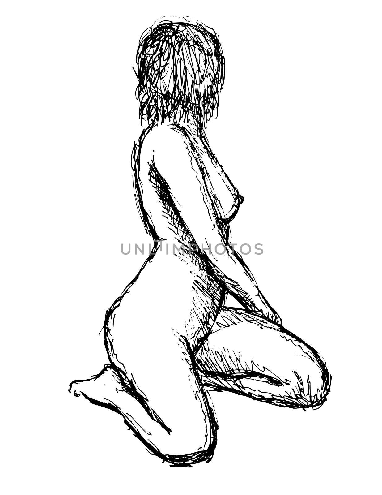 Doodle art illustration of a nude female human figure posing or sitting on knee done in continuous line drawing style in black and white on isolated background.