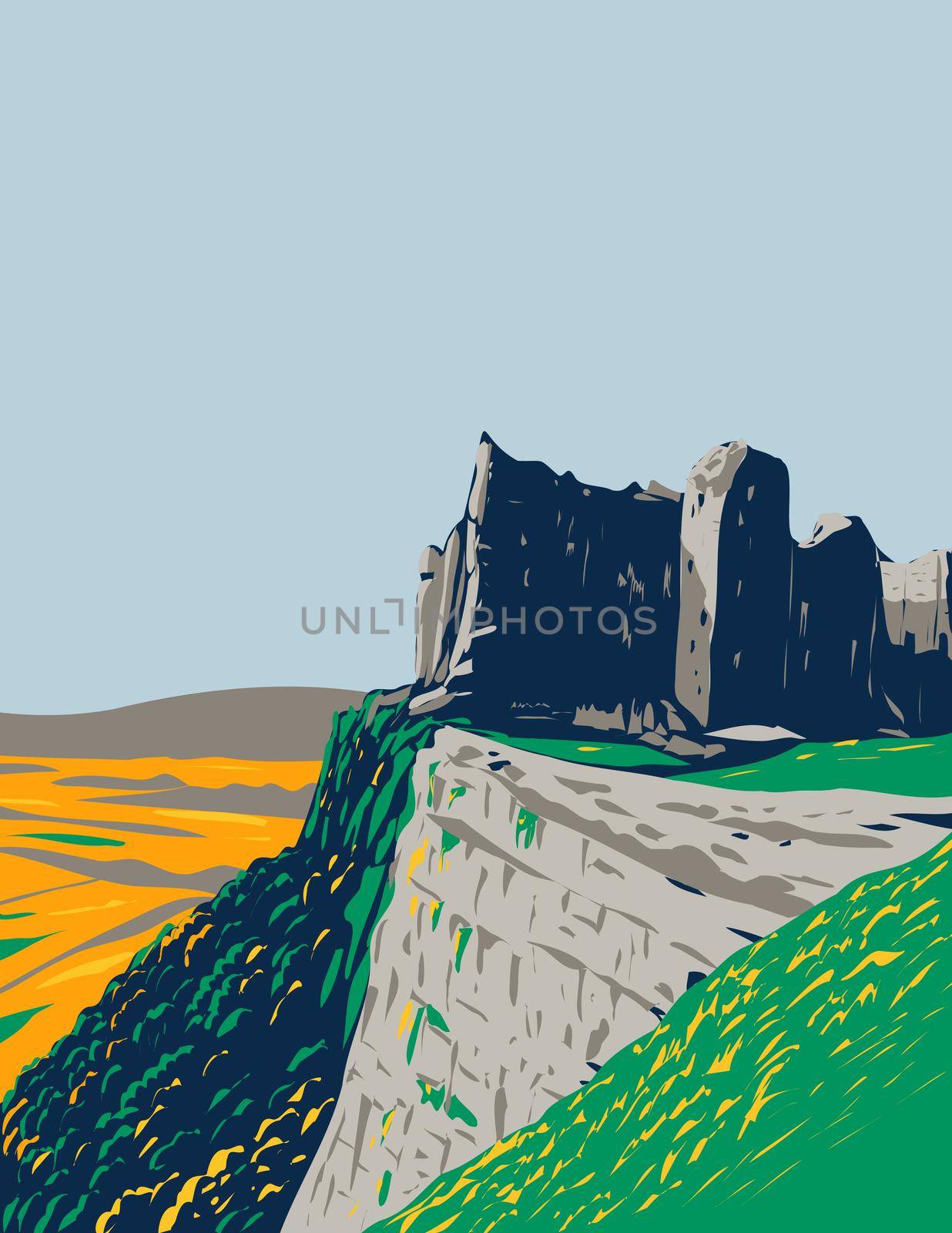 Art Deco or WPA poster of the Carreg Cennen castle ruins located within Brecon Beacons National Park in Wales, United Kingdom done in works project administration style.