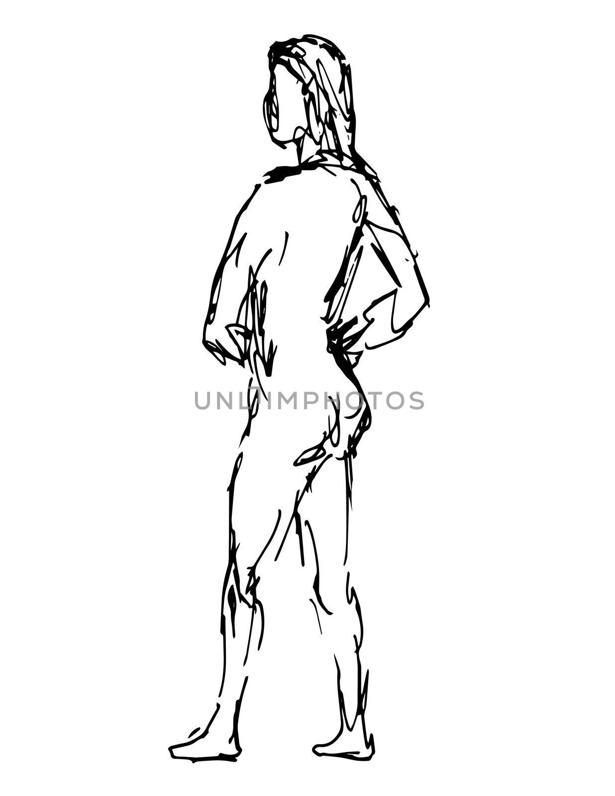 Doodle art illustration of a nude female figure standing with hands on hip side view done in continuous line drawing style in black and white on isolated background.