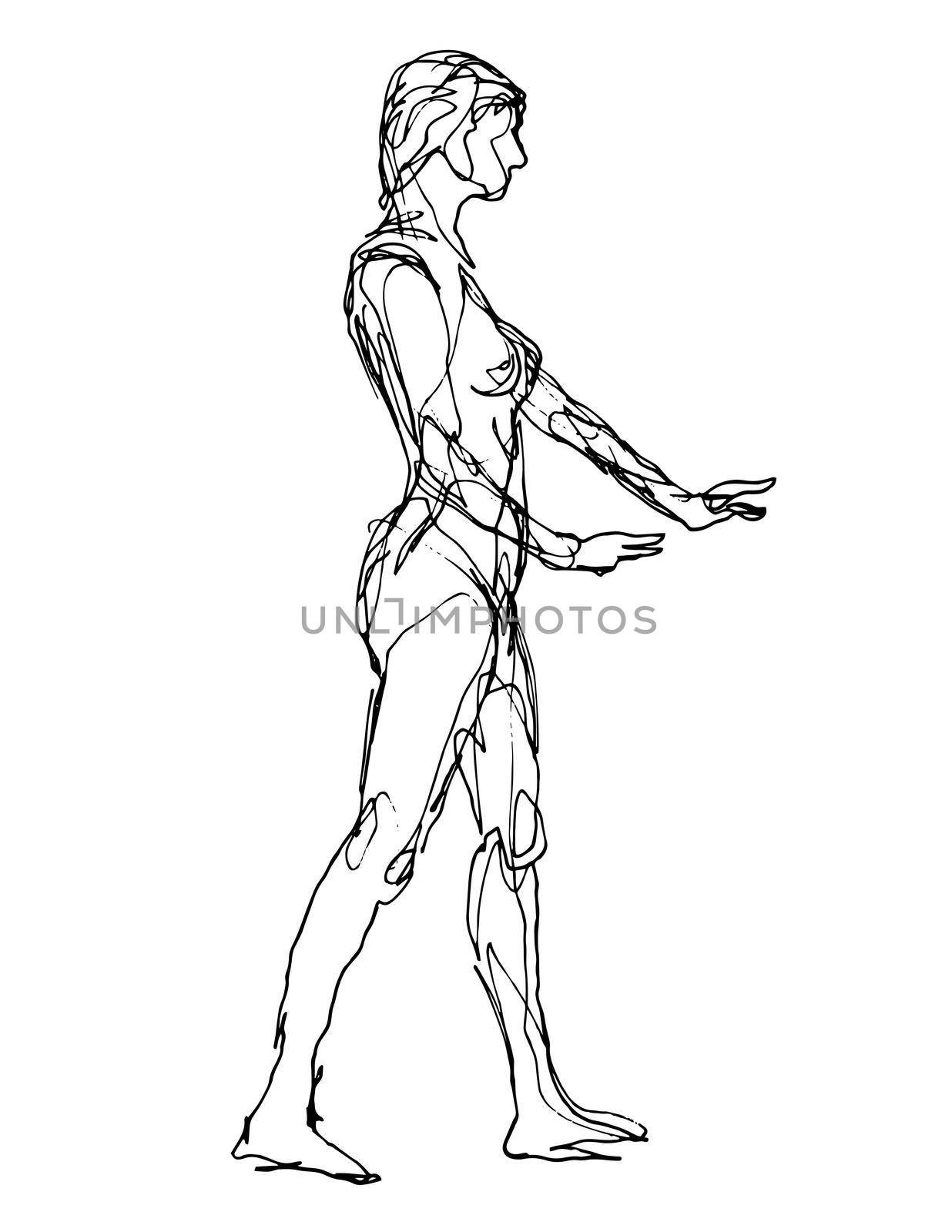 Nude Female Human Figure Posing Standing Side View Doodle Art Continuous Line Drawing  by patrimonio