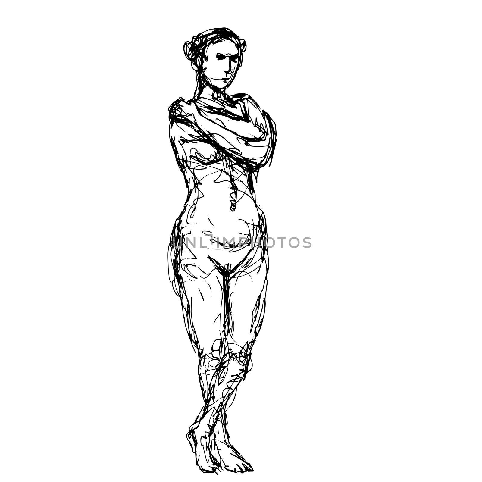 Doodle art illustration of a nude female human figure posing standing arms crossed done in continuous line drawing style in black and white on isolated background.