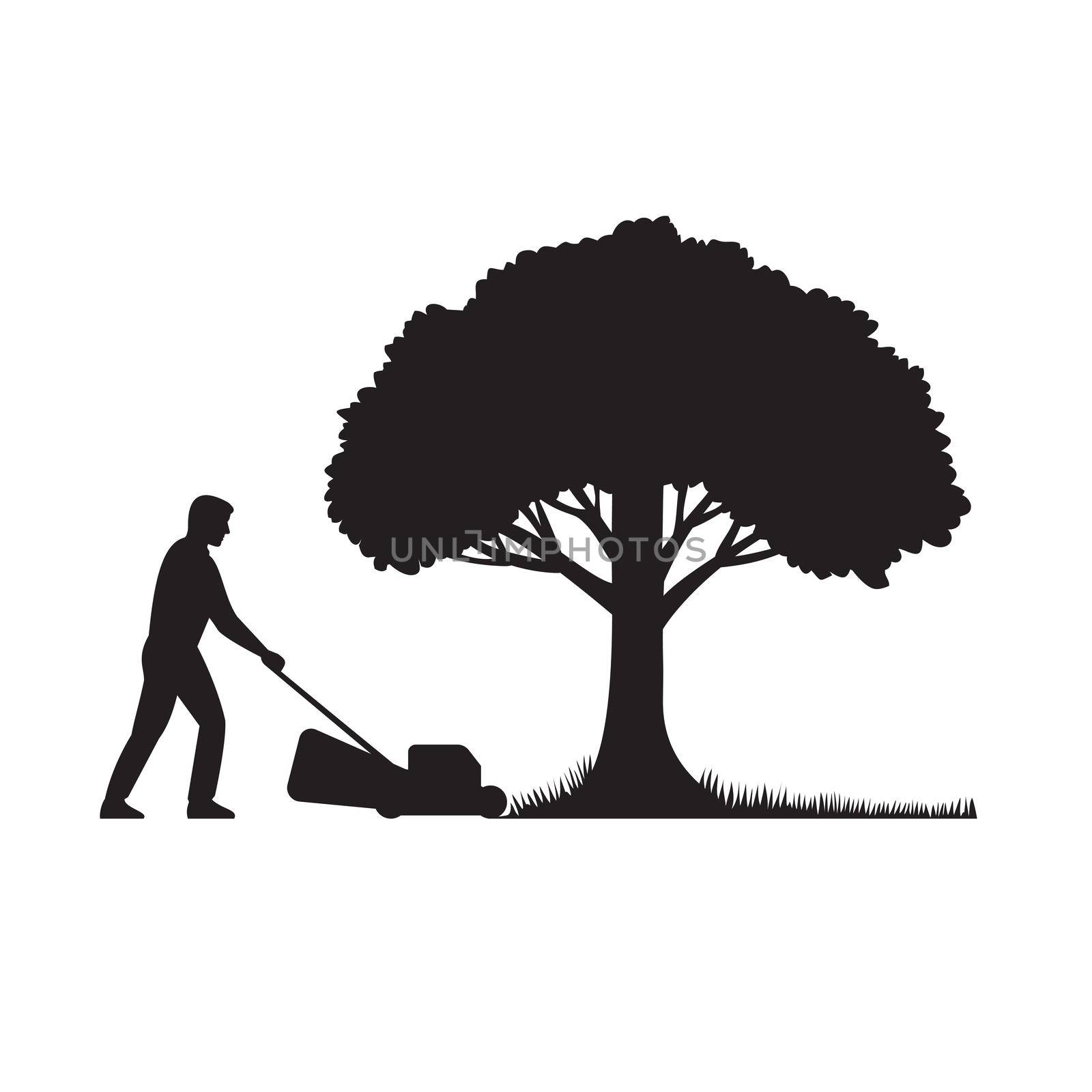 Silhouette of a Gardener with Lawnmower or Lawn Mower Mowing Grass Lawn with Oak Tree Stencil Illustration by patrimonio