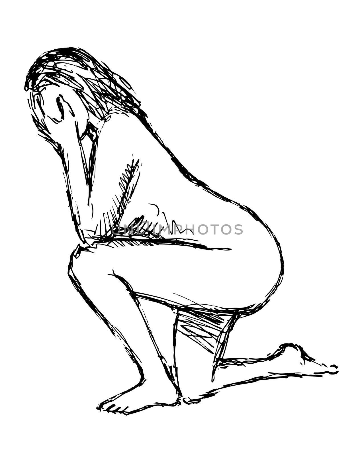 Doodle art illustration of a nude female human figure posing Kneeling on One Knee With Hand Covering Face done in line drawing style in black and white on isolated background.