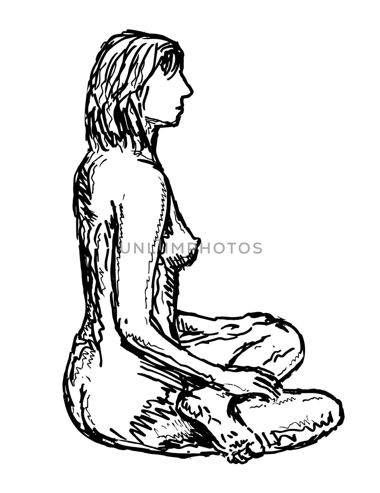 Nude Female Figure Crossed Legged Sitting Side View Doodle Art Continuous Line Drawing  by patrimonio