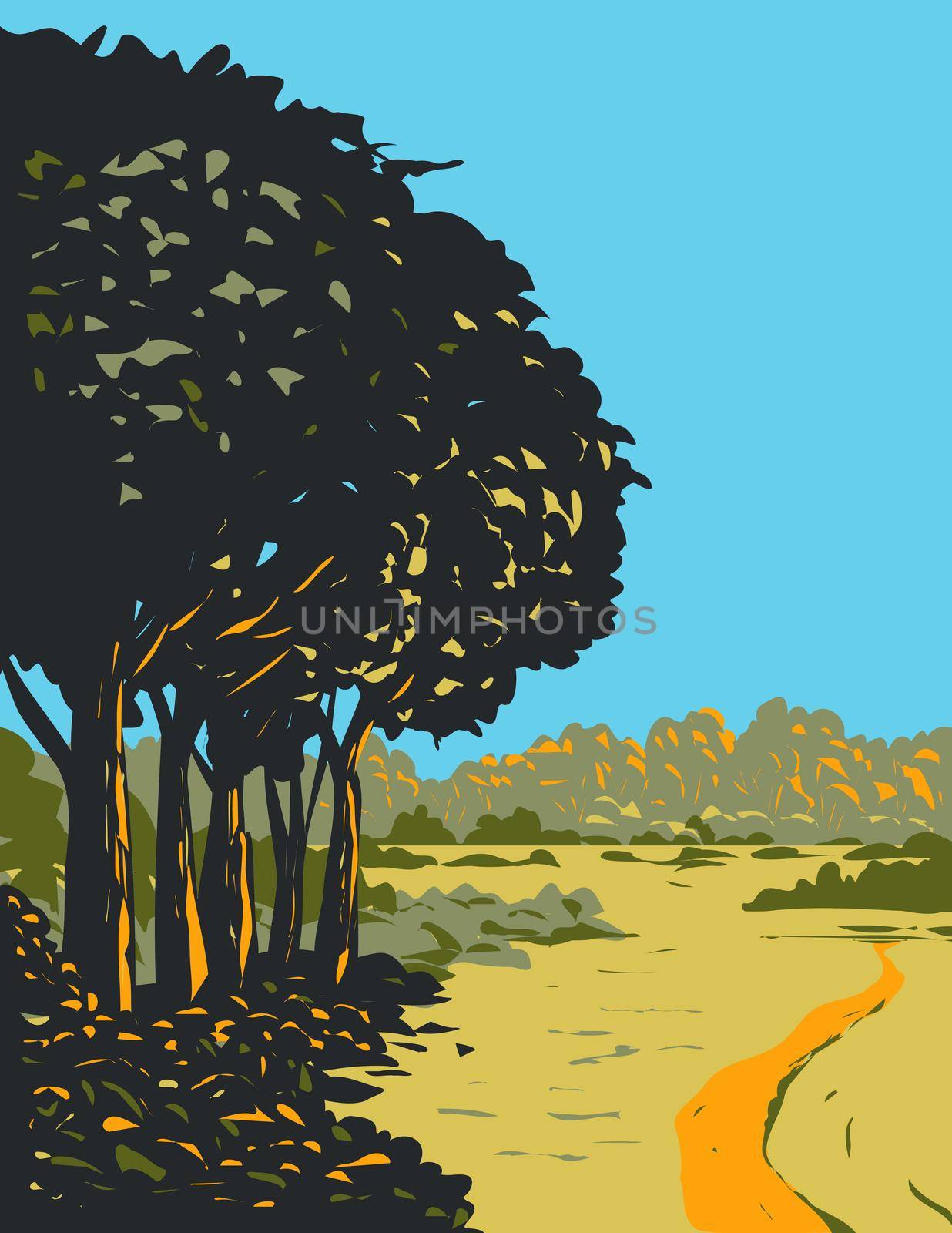 Art Deco or WPA poster of  heathland and forest trails in New Forest located within New Forest National Park in  Southern England, United Kingdom done in works project administration style.