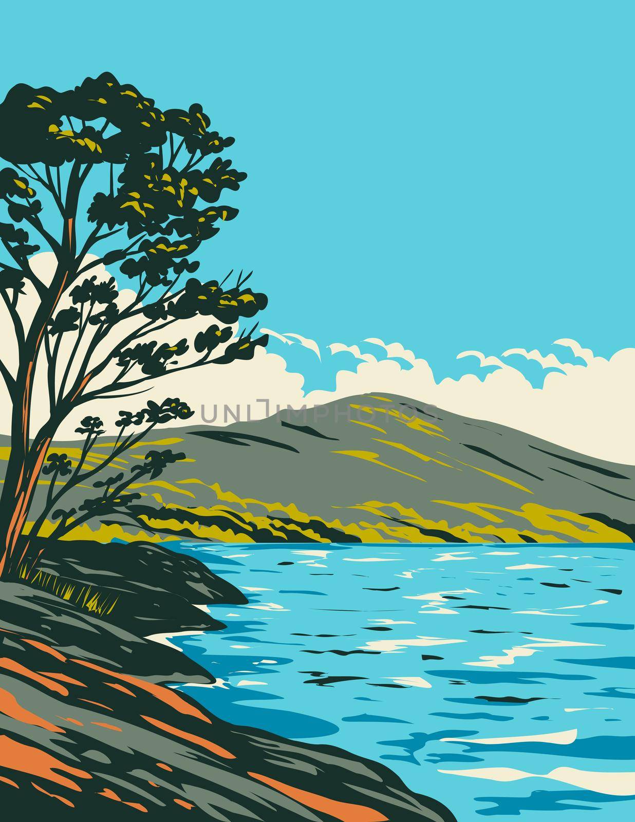 Art Deco or WPA poster of Inveruglas Isle located in Loch Lomond and the Trossachs National Park, Scotland, United Kingdom done in works project administration style.