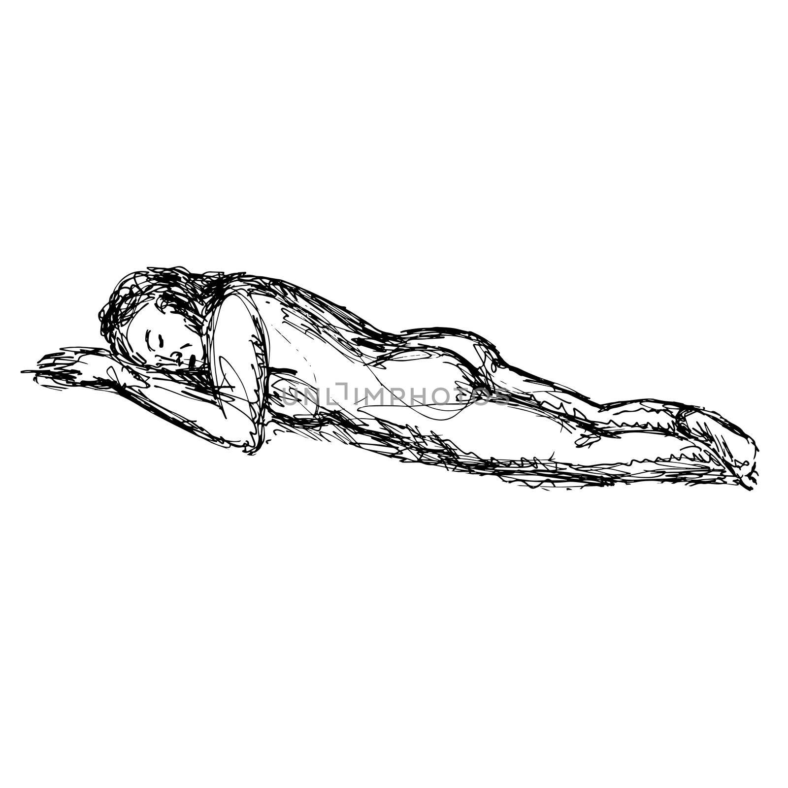 Doodle art illustration of a nude female human figure model posing, reclining, supine pose or lying down done in continuous line drawing style in black and white on isolated background.