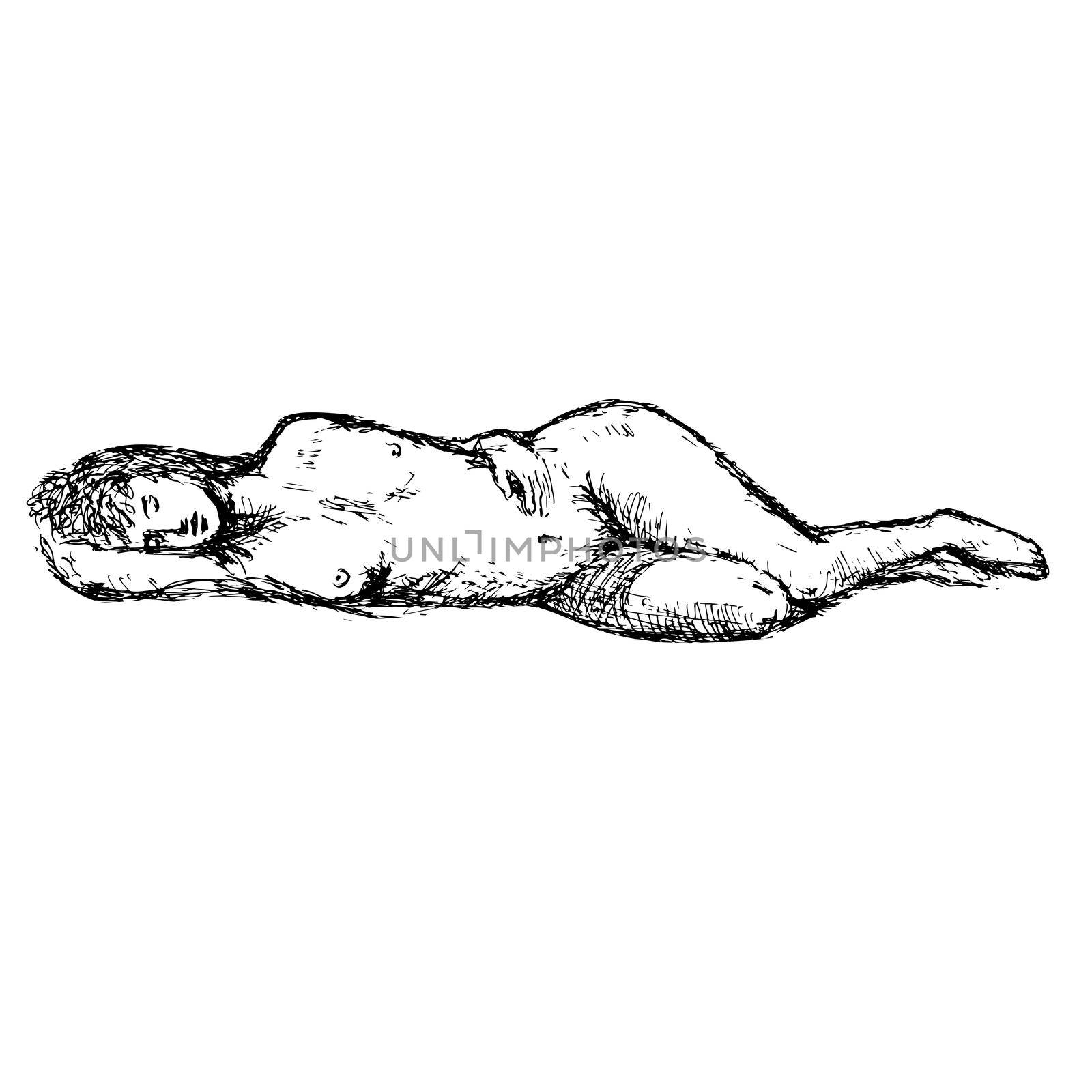 Nude Female Human Figure Model Posing Reclining, Supine Pose or Lying Down Doodle Art Continuous Line Drawing  by patrimonio
