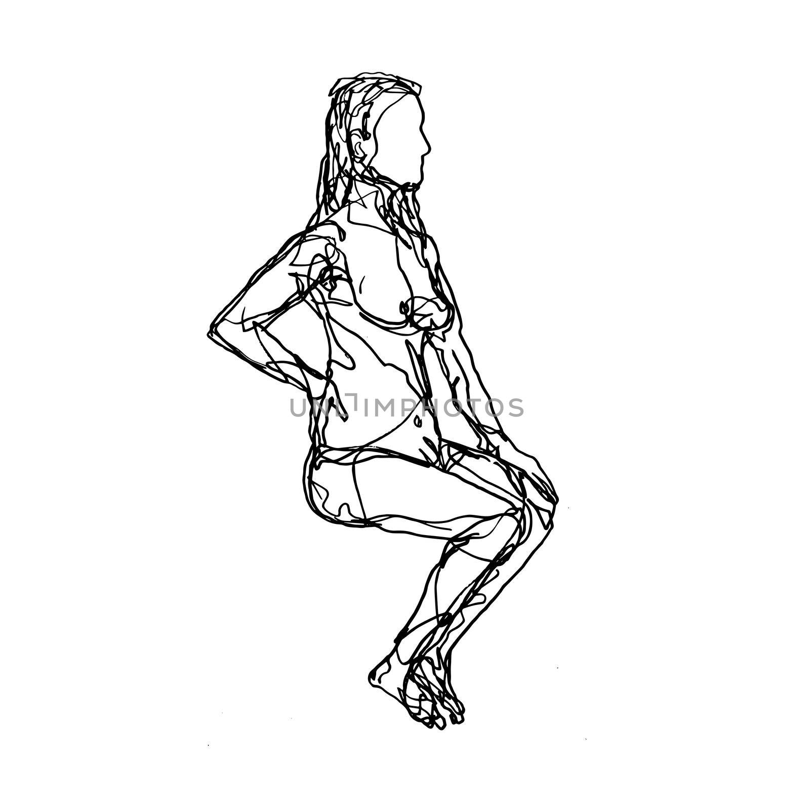 Doodle art illustration of a female human figure model posing and sitting in the nude looking and viewed from side done in continuous line drawing style in black and white on isolated background.