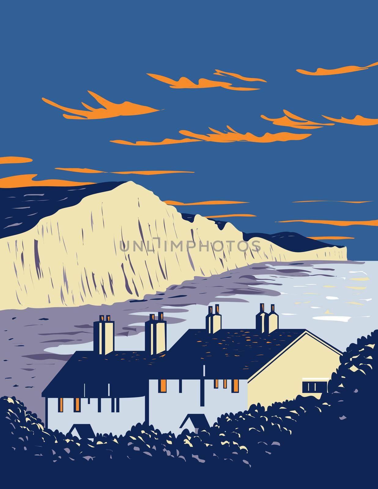Seven Sisters Chalk Cliffs by English Channel Within South Downs National Park in Southern England UK Art Deco WPA Poster Art by patrimonio