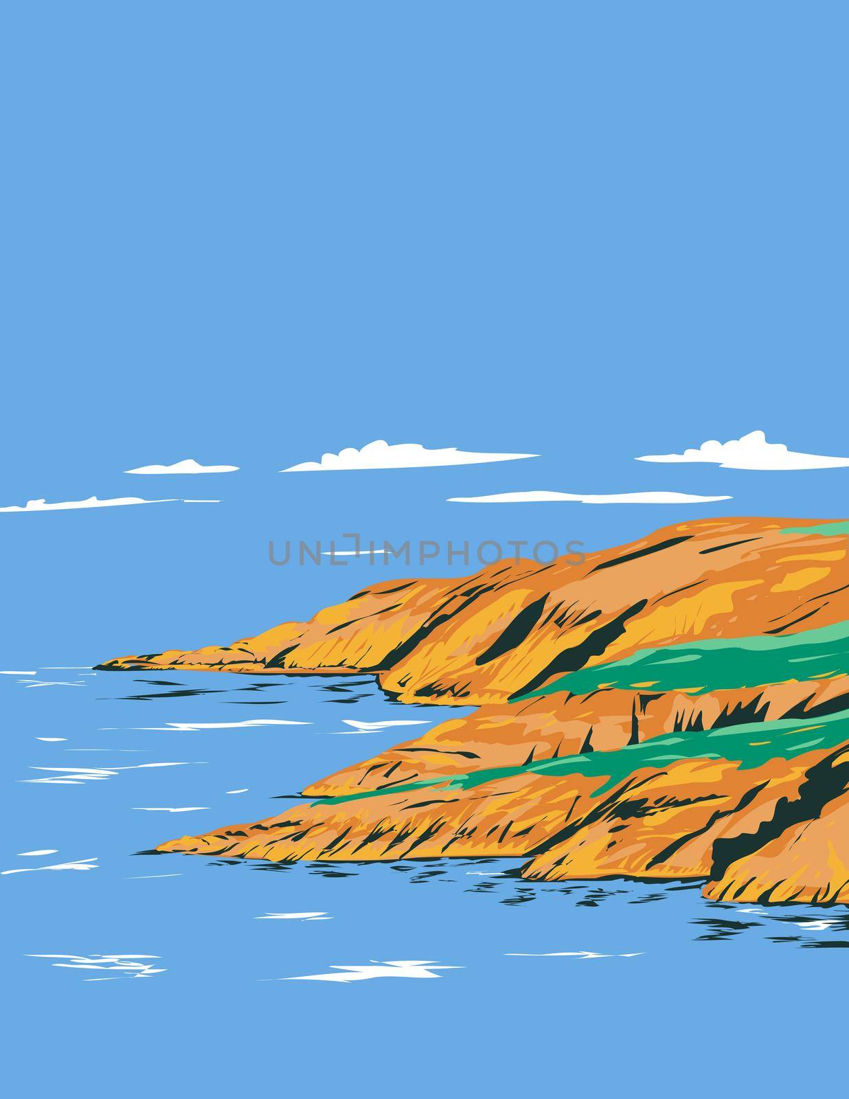 Art Deco or WPA poster of Marloes Peninsula in Pembrokeshire Coast National Park in the southern shore of St Brides Bay, Wales United Kingdom done in works project administration style.