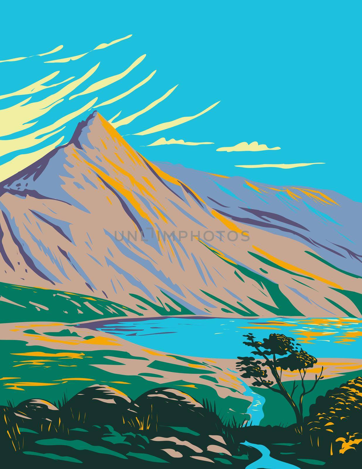 Art Deco or WPA poster of Mount Snowdon with Lake Glaslyn located in Snowdonia National Park in northwestern Wales, United Kingdom done in works project administration style.