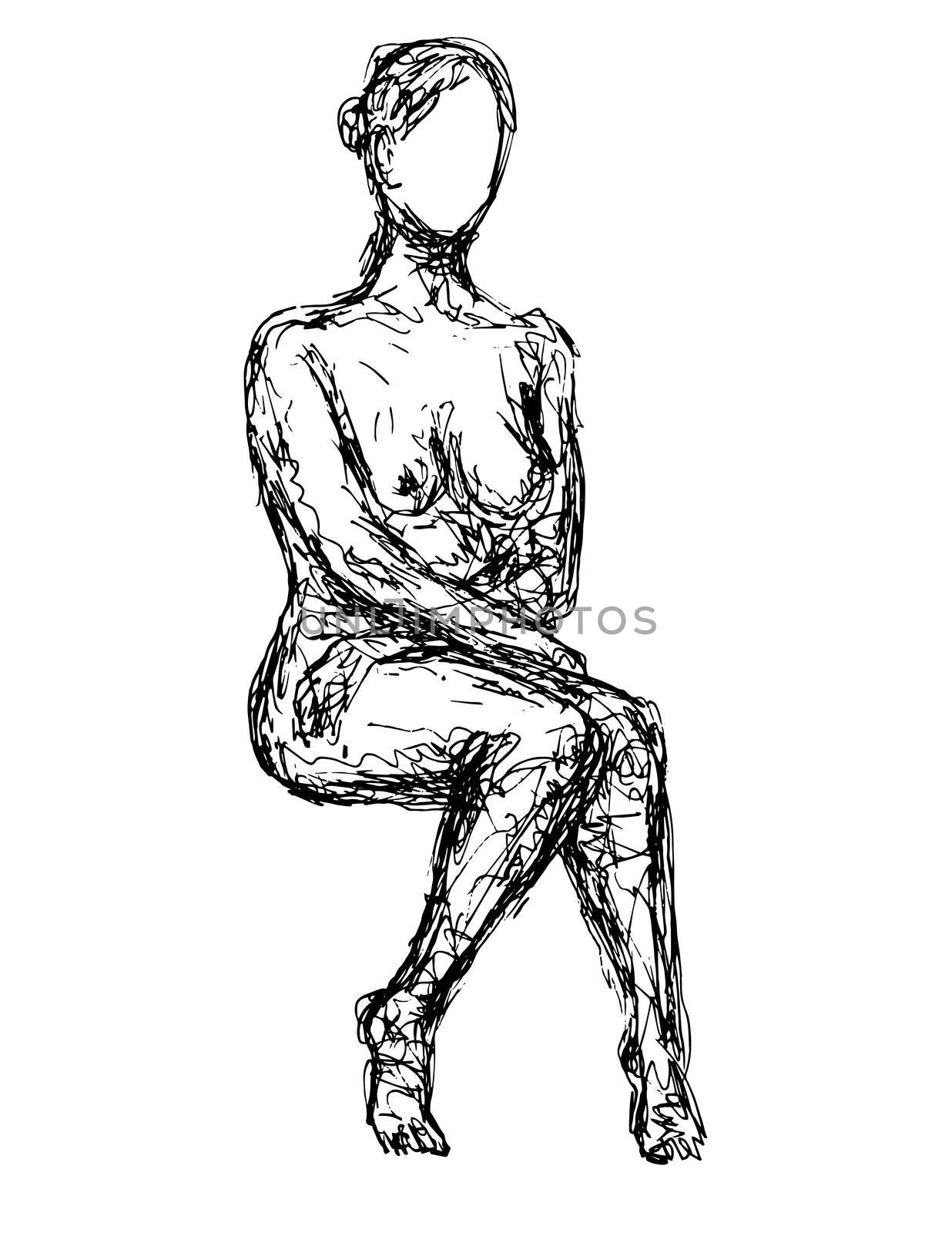 Doodle art illustration of a nude female human figure model sitting down front view done in continuous line drawing style in black and white on isolated background.