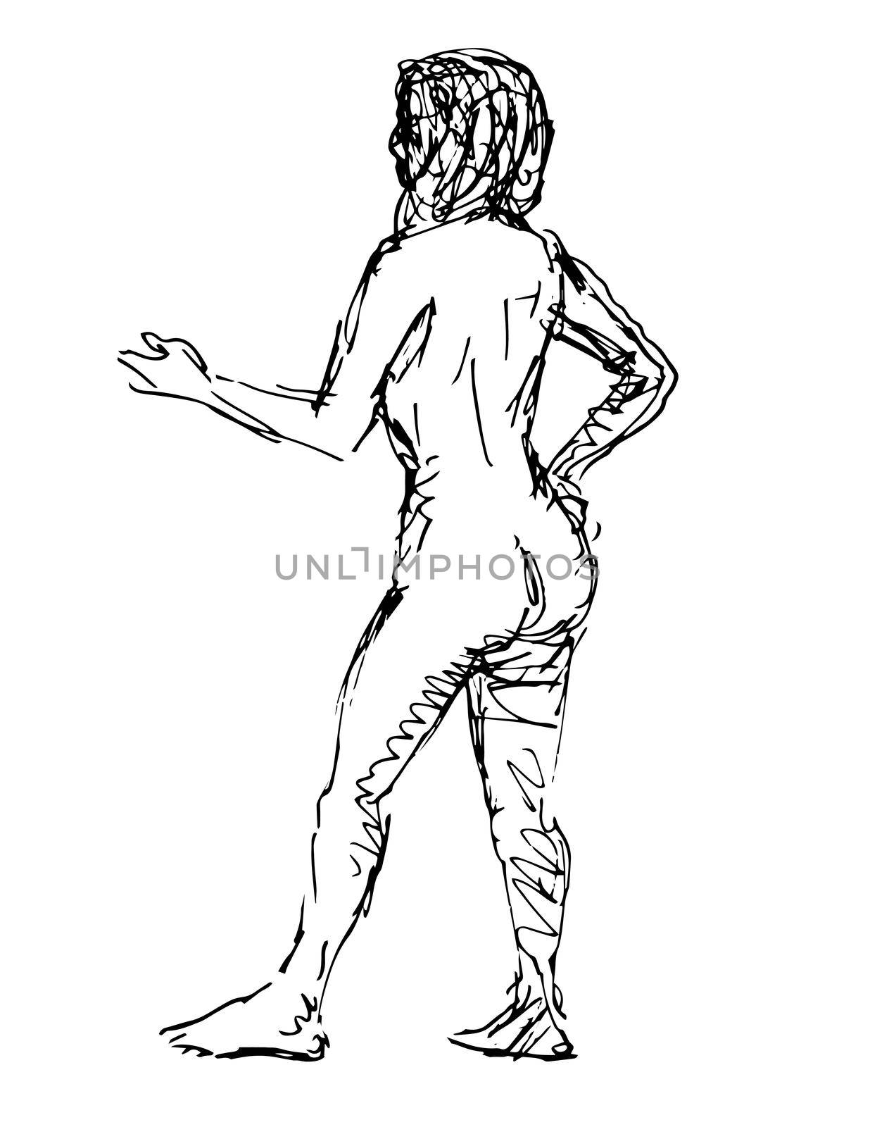 Doodle art illustration of a nude female human figure posing standing hand on hip pointing done in continuous line drawing style in black and white on isolated background.