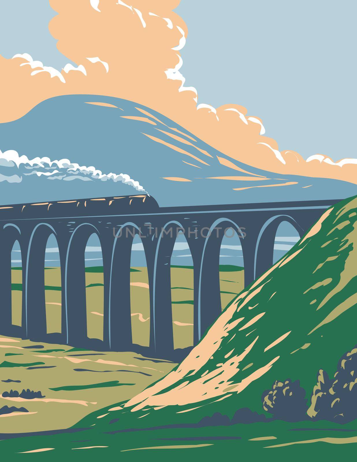 Steam Train on Railway Over Batty Moss or Ribblehead Viaduct in Yorkshire Dales National Park England UK Art Deco WPA Poster Art by patrimonio