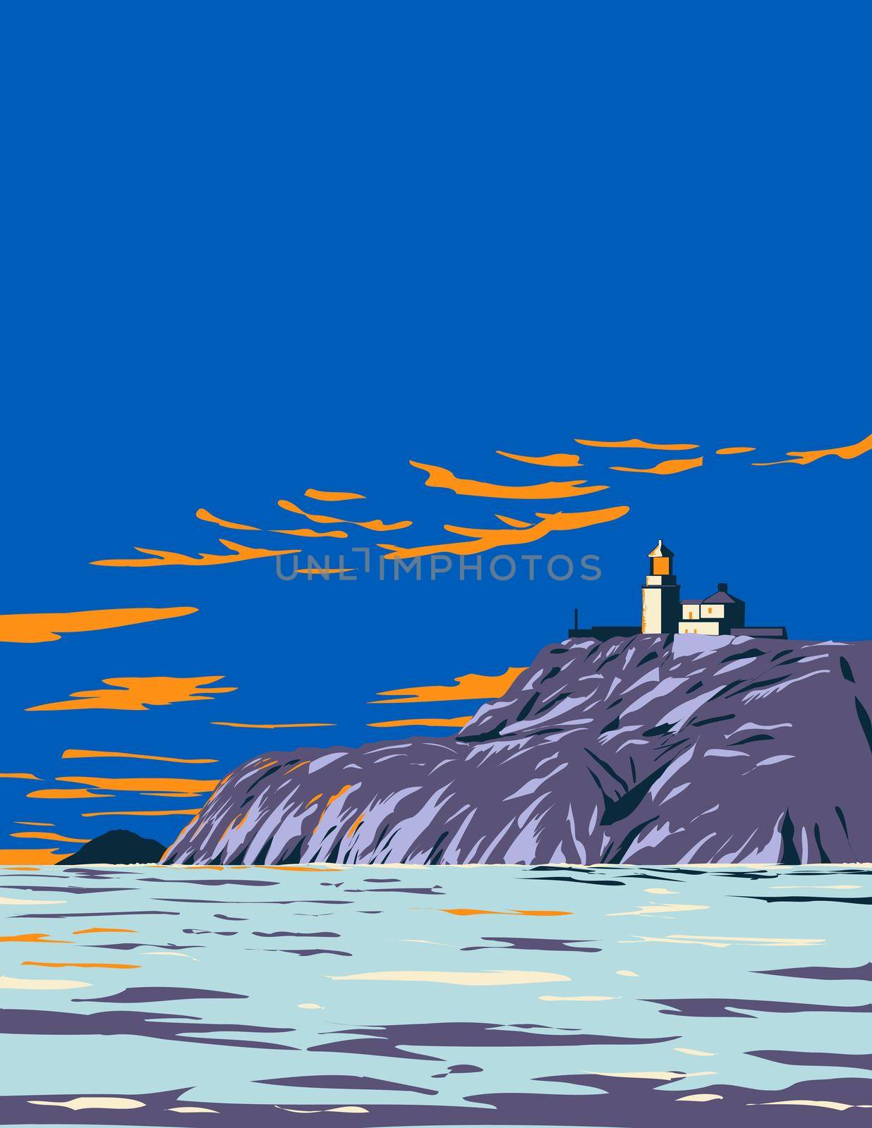 Art Deco or WPA poster of South Bishops Lighthouse on Ramsey Island in Pembrokeshire Coast National Park in Wales United Kingdom done in works project administration style.